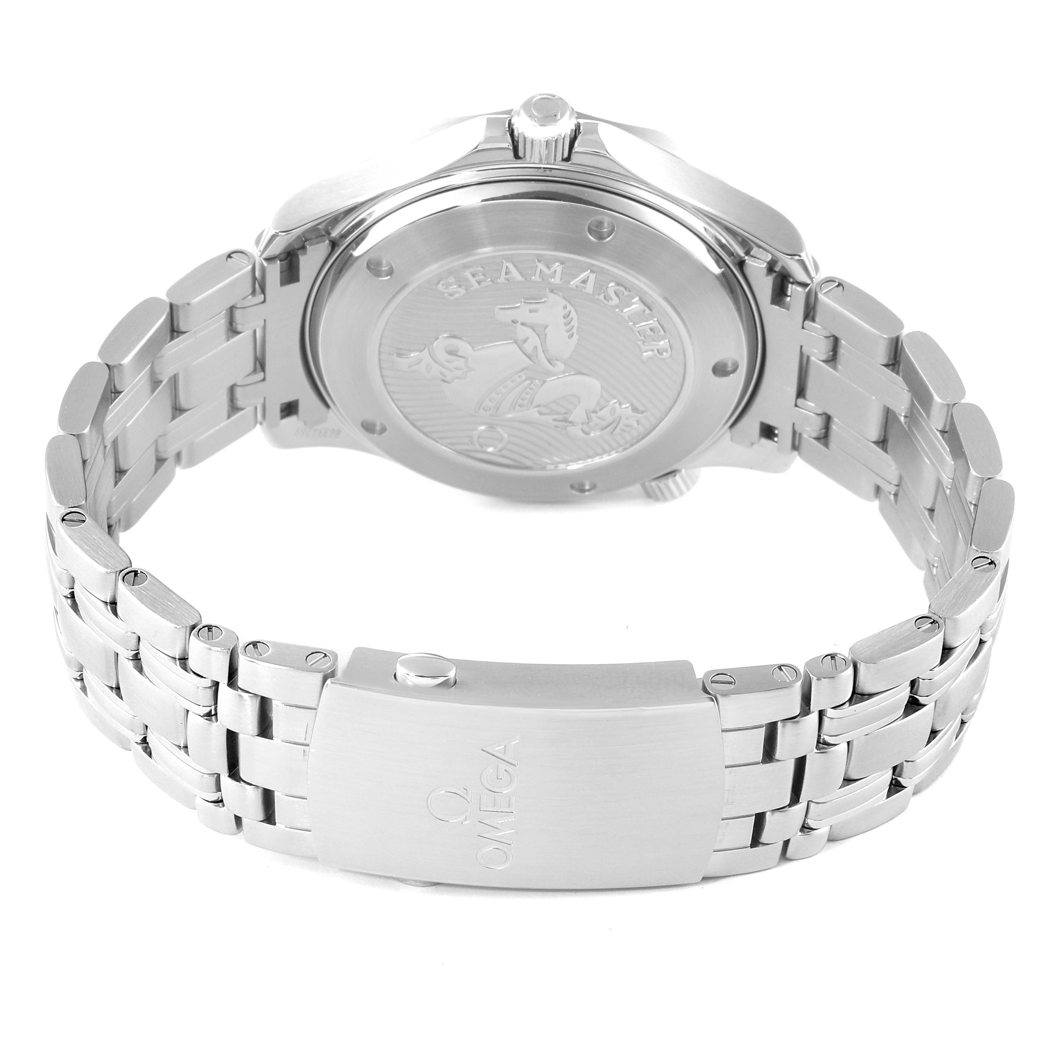 This image shows the back and clasp of an Omega Seamaster 212.30.41.20.01.003 Men's Stainless Steel Black Dial 212.30.41.20.01.003 Men's Stainless Steel Black Dial watch, highlighting the case back engraving and stainless steel bracelet.