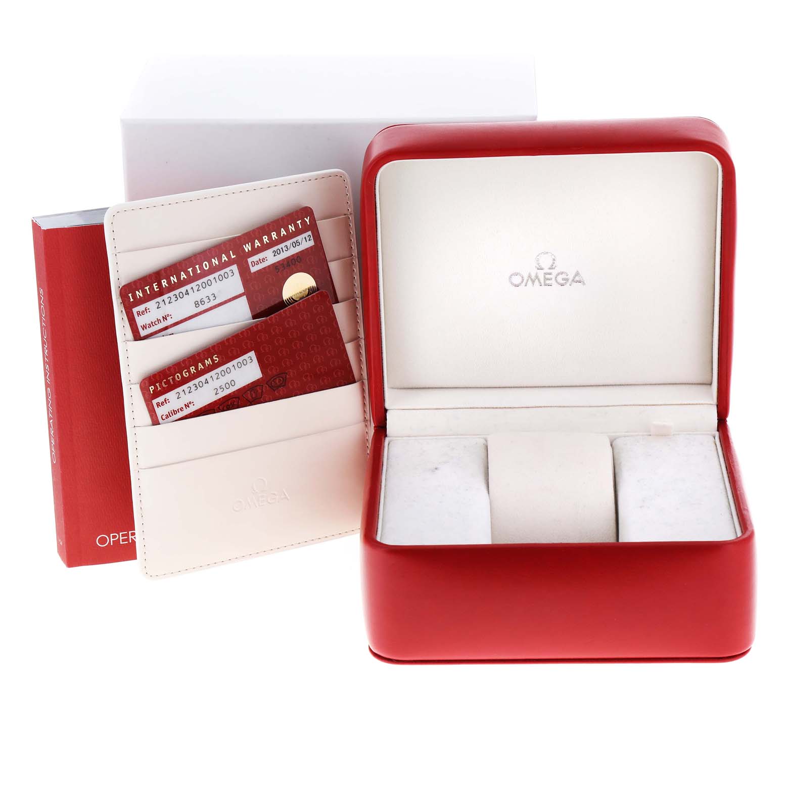 The image shows an open Omega Seamaster 212.30.41.20.01.003 Men's Stainless Steel Black Dial 212.30.41.20.01.003 Men's Stainless Steel Black Dial watch box, warranty cards, and an operating manual.