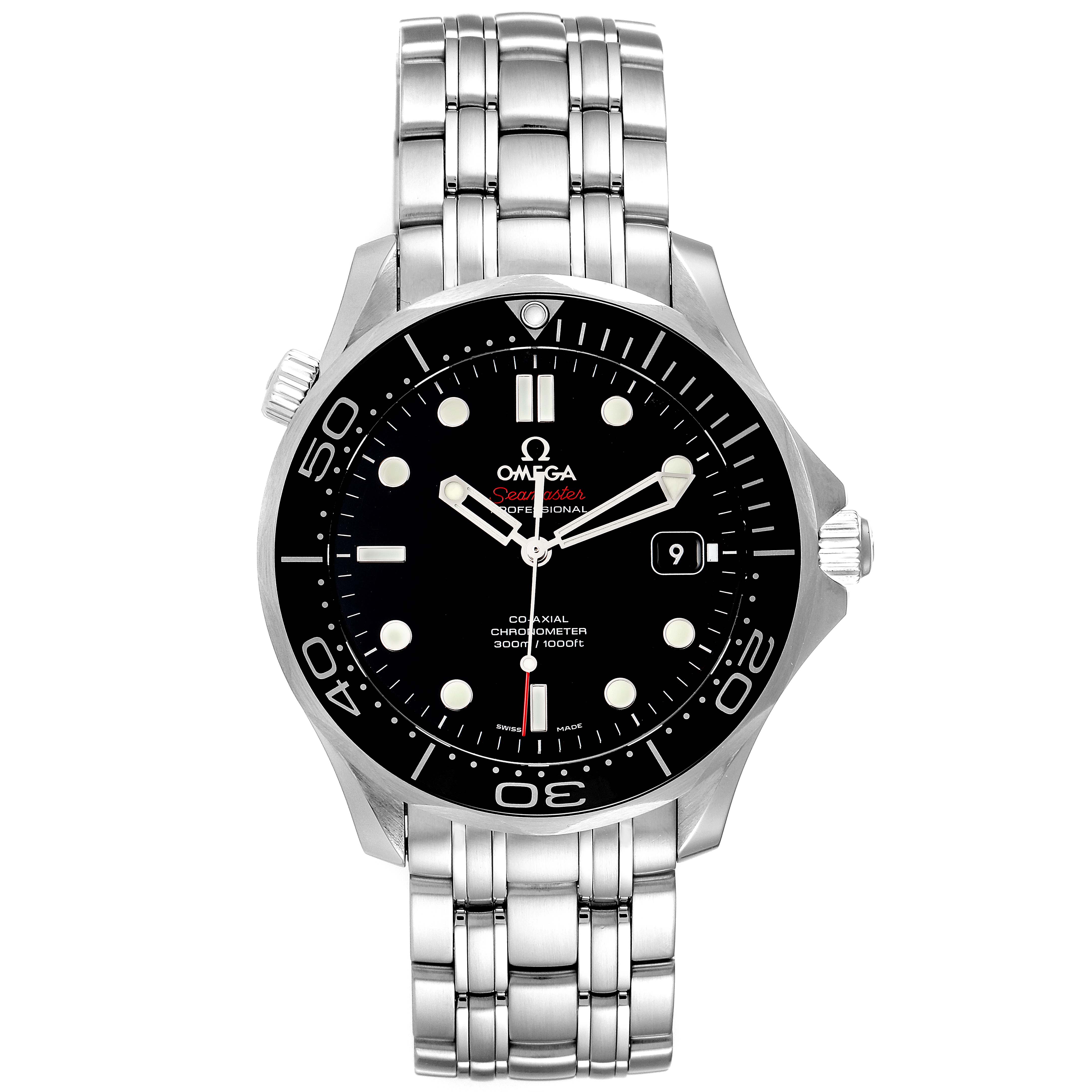 The image shows the front view of the Omega Seamaster 212.30.41.20.01.003 Men's Stainless Steel Black Dial 212.30.41.20.01.003 Men's Stainless Steel Black Dial watch featuring its black dial, stainless steel bracelet, and bezel.