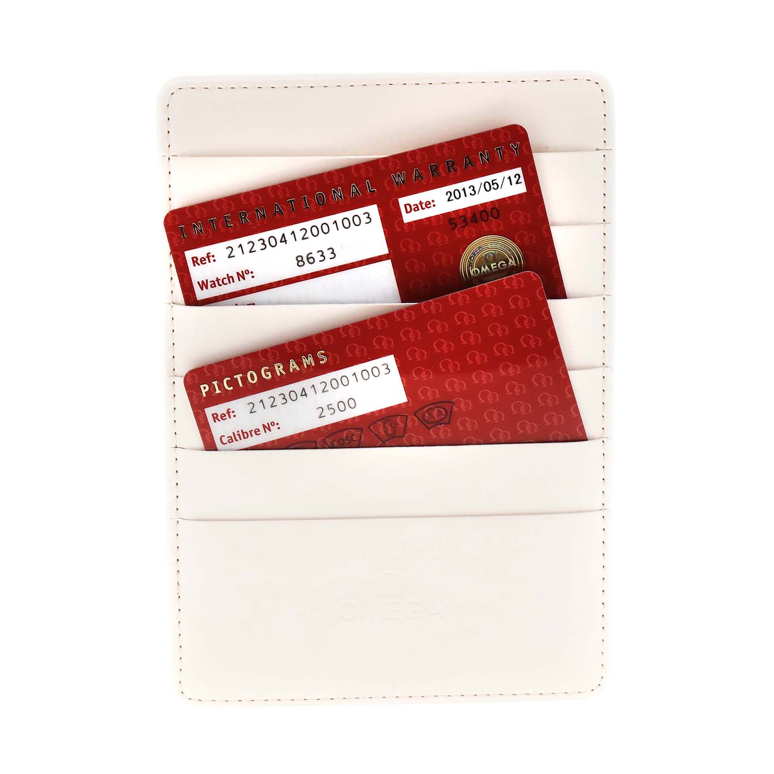 The image shows warranty and pictogram cards for an Omega Seamaster 212.30.41.20.01.003 Men's Stainless Steel Black Dial 212.30.41.20.01.003 Men's Stainless Steel Black Dial watch, placed inside a white cardholder.