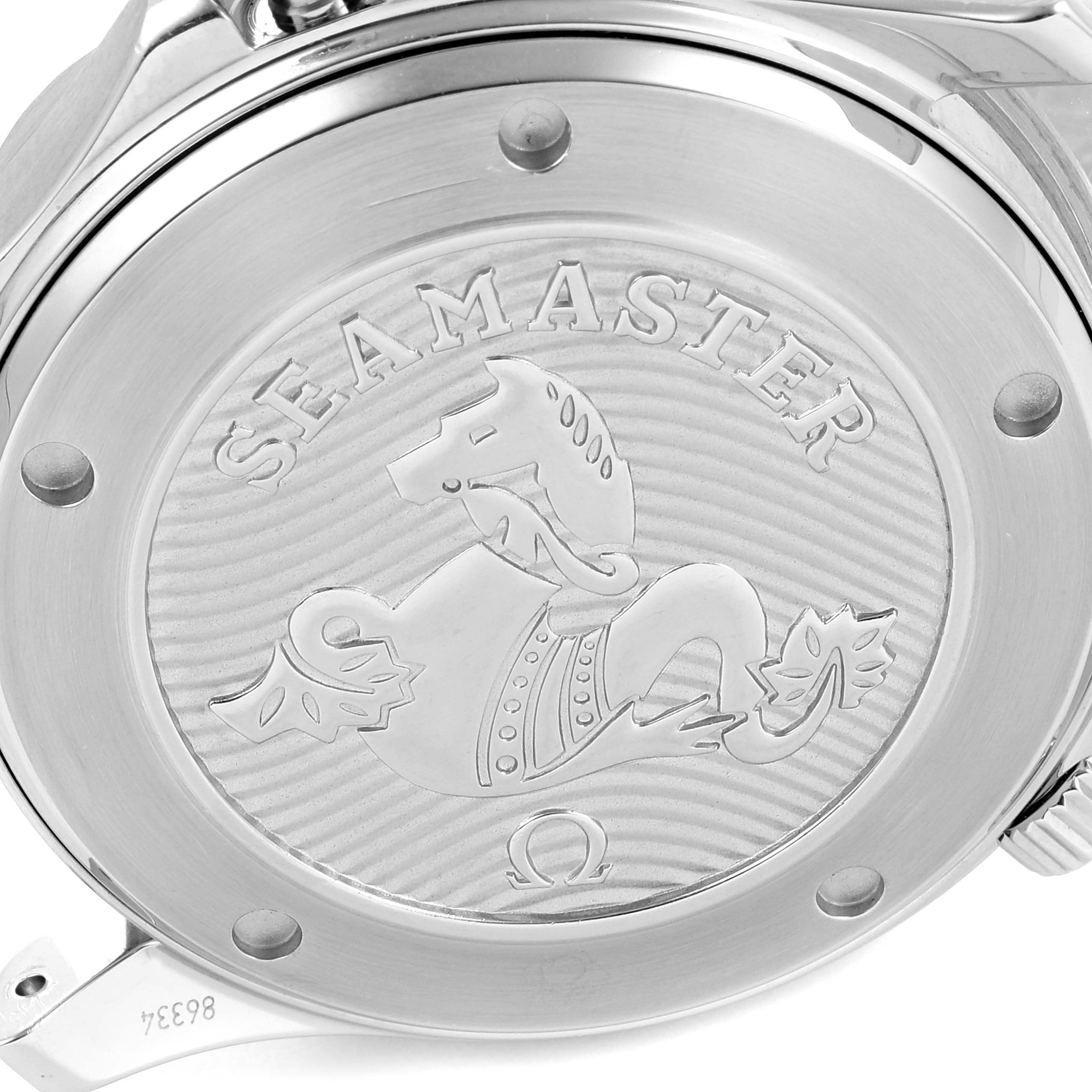 This image shows the case back of an Omega Seamaster 212.30.41.20.01.003 Men's Stainless Steel Black Dial 212.30.41.20.01.003 Men's Stainless Steel Black Dial watch, featuring an engraved design and the Seamaster branding.