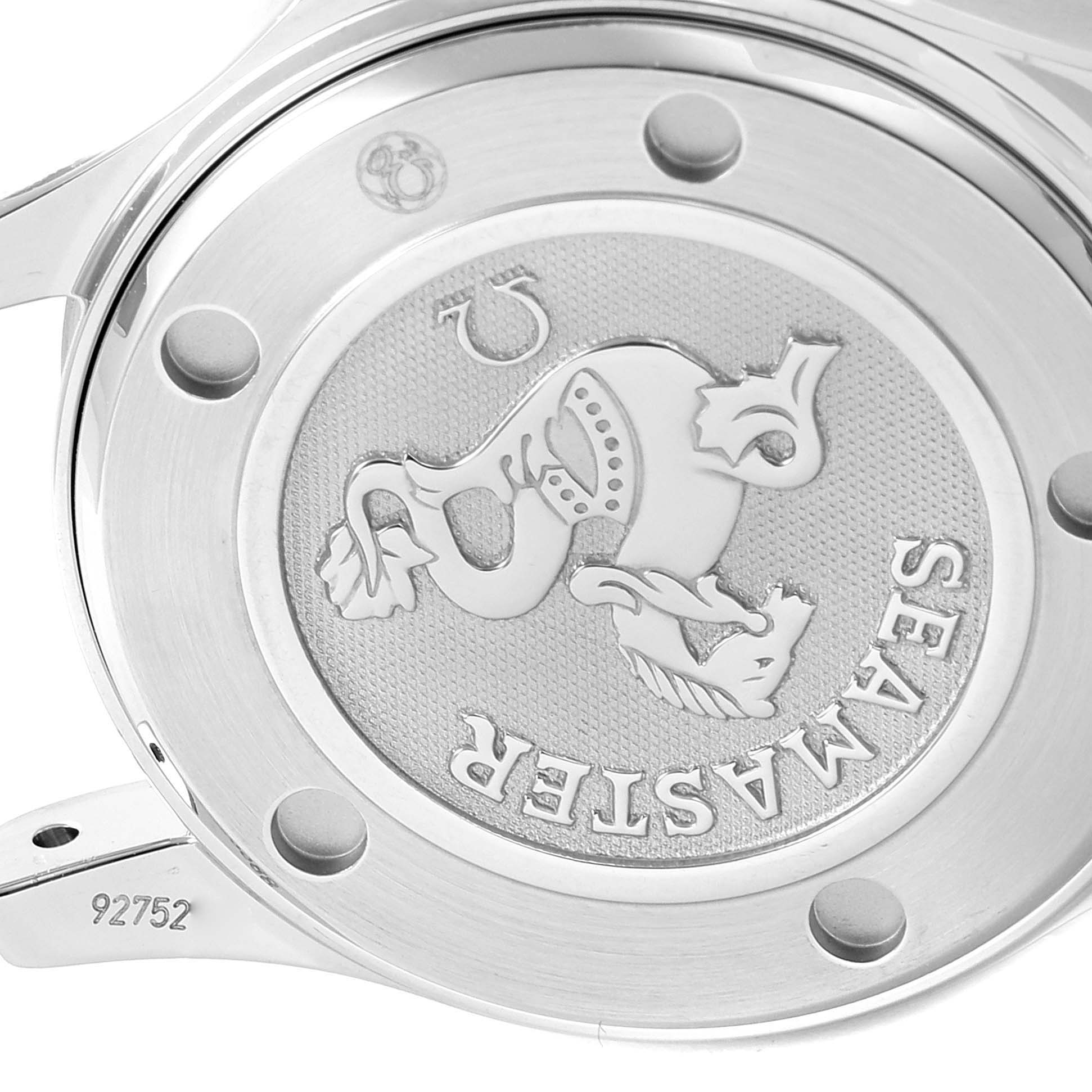 This image shows the case back of the Omega 2224.80.00 Women
s Stainless Steel Blue Dial 2224.80.00 Women
s Stainless Steel Blue Dial Seamaster Diver 300M 28mm Steel Ladies Watch 2224.80.00, displaying its engraving.