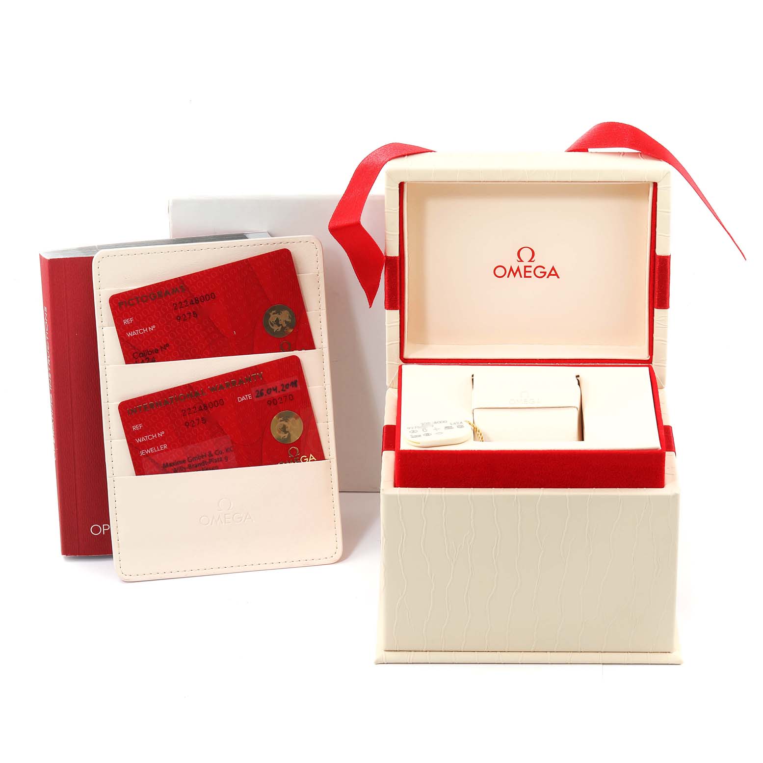 The image shows the box, cardholder with cards, and original packaging for the Omega 2224.80.00 Women
s Stainless Steel Blue Dial 2224.80.00 Women
s Stainless Steel Blue Dial Seamaster Diver 300M 28mm Steel Ladies Watch 2224.80.00.