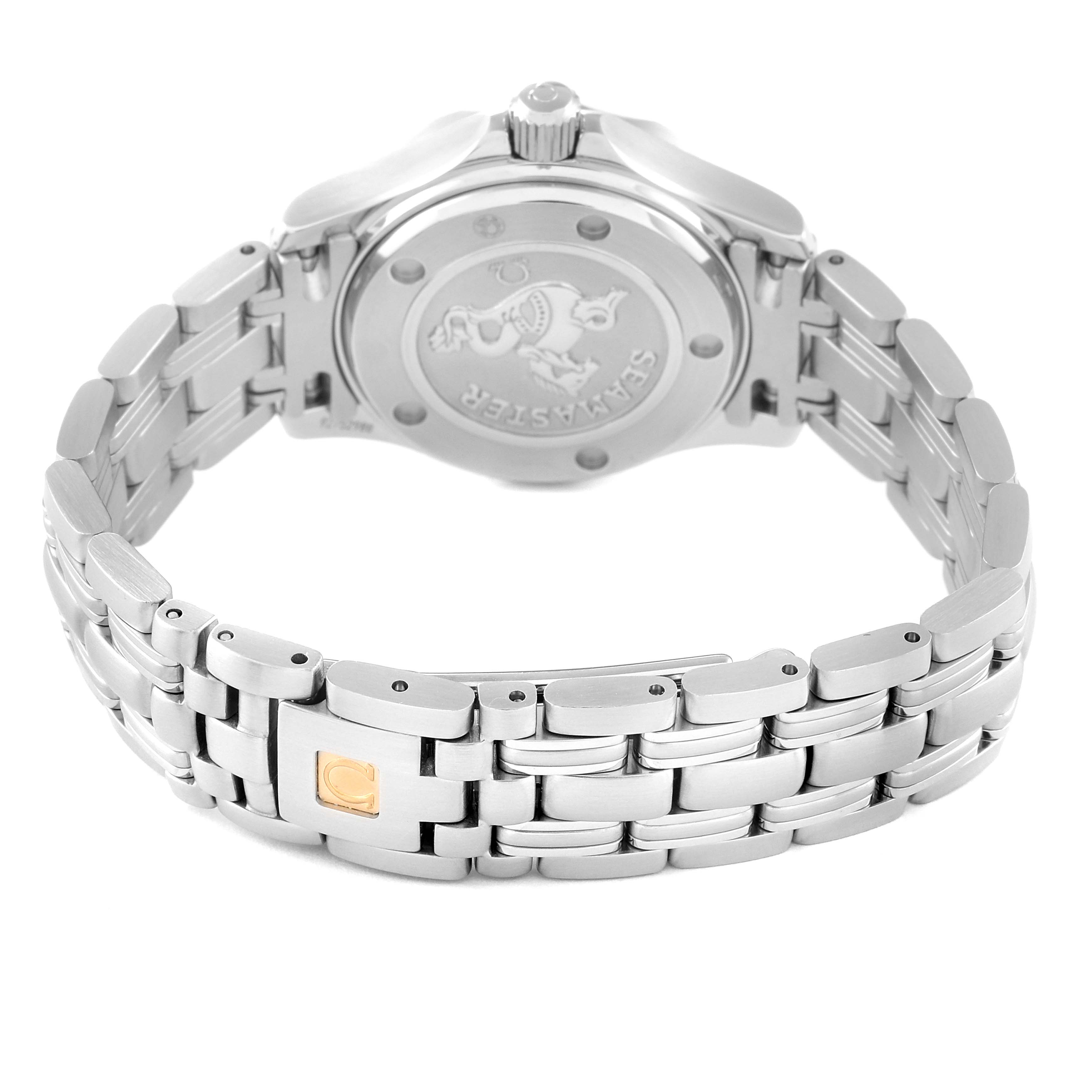 The image shows the back and part of the bracelet of an Omega 2224.80.00 Women
s Stainless Steel Blue Dial 2224.80.00 Women
s Stainless Steel Blue Dial Seamaster Diver 300M 28mm Steel Ladies Watch 2224.80.00.