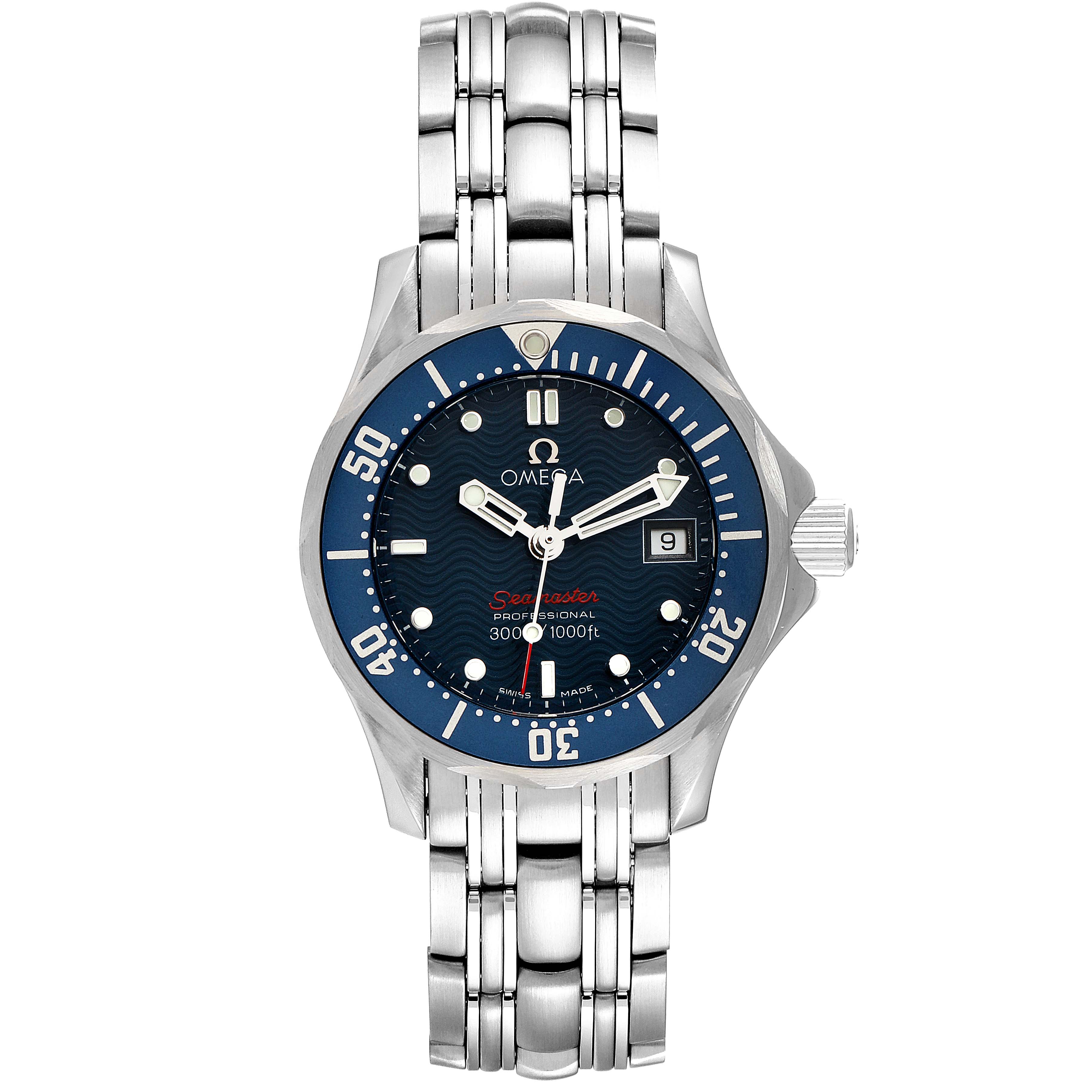 This Omega 2224.80.00 Women
s Stainless Steel Blue Dial 2224.80.00 Women
s Stainless Steel Blue Dial Seamaster Diver 300M 28mm Steel Ladies Watch (model 2224.80.00) is shown from the front, displaying its face, bezel, and bracelet.