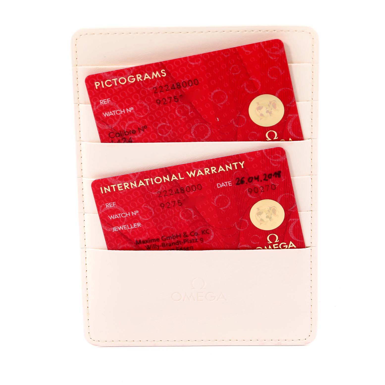 The image shows the box and cards for the Omega 2224.80.00 Women
s Stainless Steel Blue Dial 2224.80.00 Women
s Stainless Steel Blue Dial Seamaster Diver 300M 28mm Steel Ladies Watch 2224.80.00.