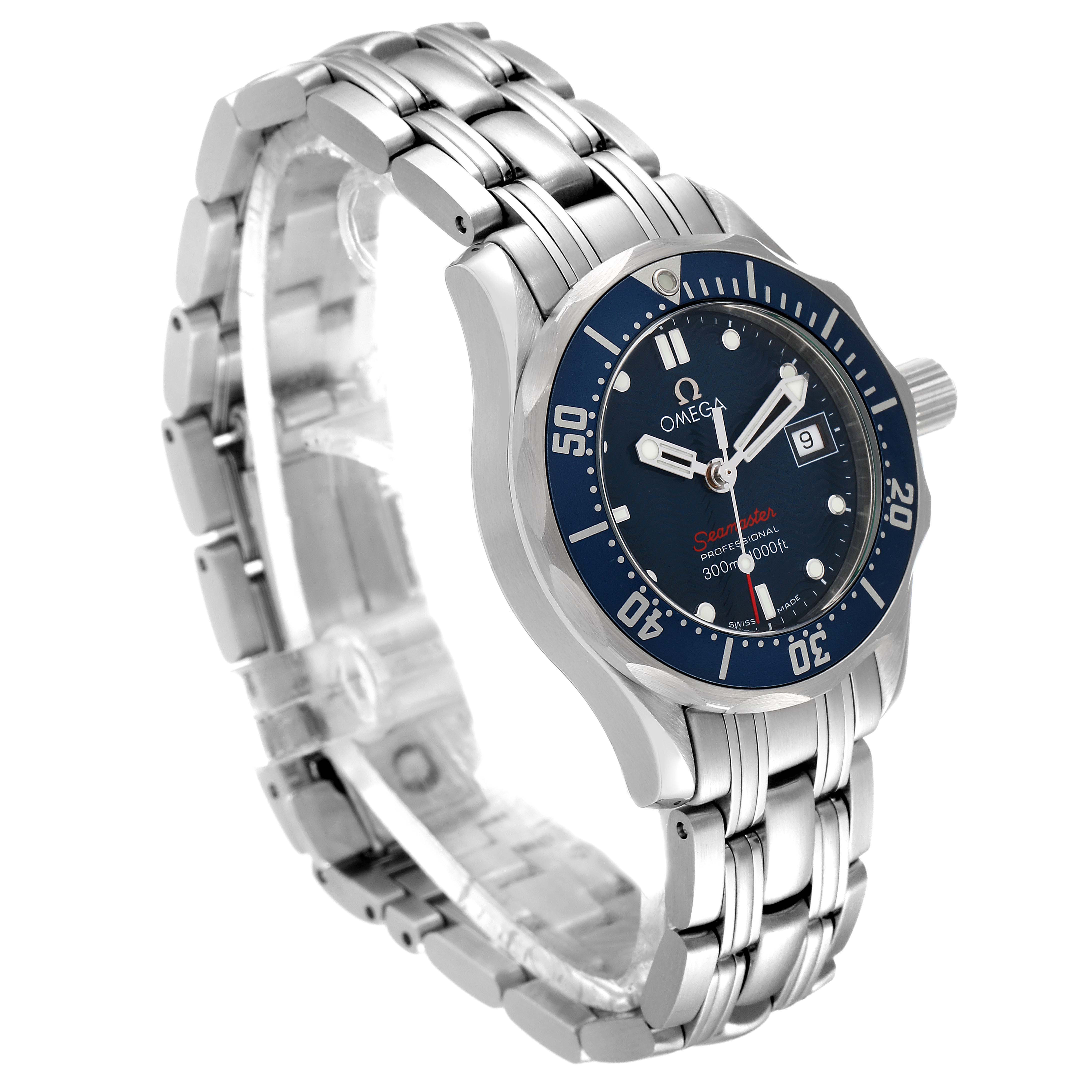 The Omega 2224.80.00 Women
s Stainless Steel Blue Dial 2224.80.00 Women
s Stainless Steel Blue Dial Seamaster Diver 300M 28mm Steel Ladies Watch 2224.80.00 is shown at a slight angle highlighting its bracelet, bezel, and face.