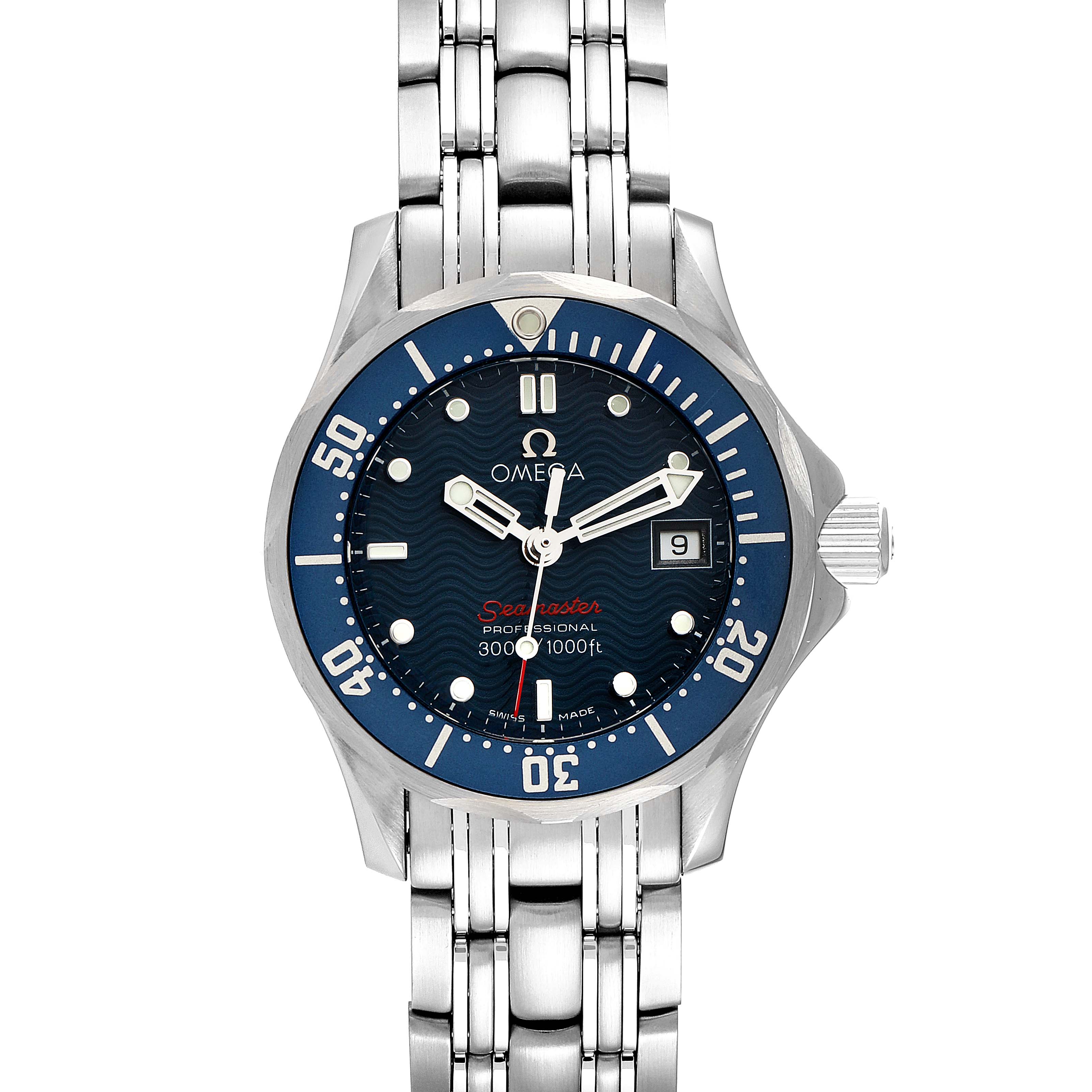 The image shows a front view of the Omega 2224.80.00 Women
s Stainless Steel Blue Dial 2224.80.00 Women
s Stainless Steel Blue Dial Seamaster Diver 300M 28mm Steel Ladies Watch 2224.80.00 model, displaying the dial, bezel, and bracelet.
