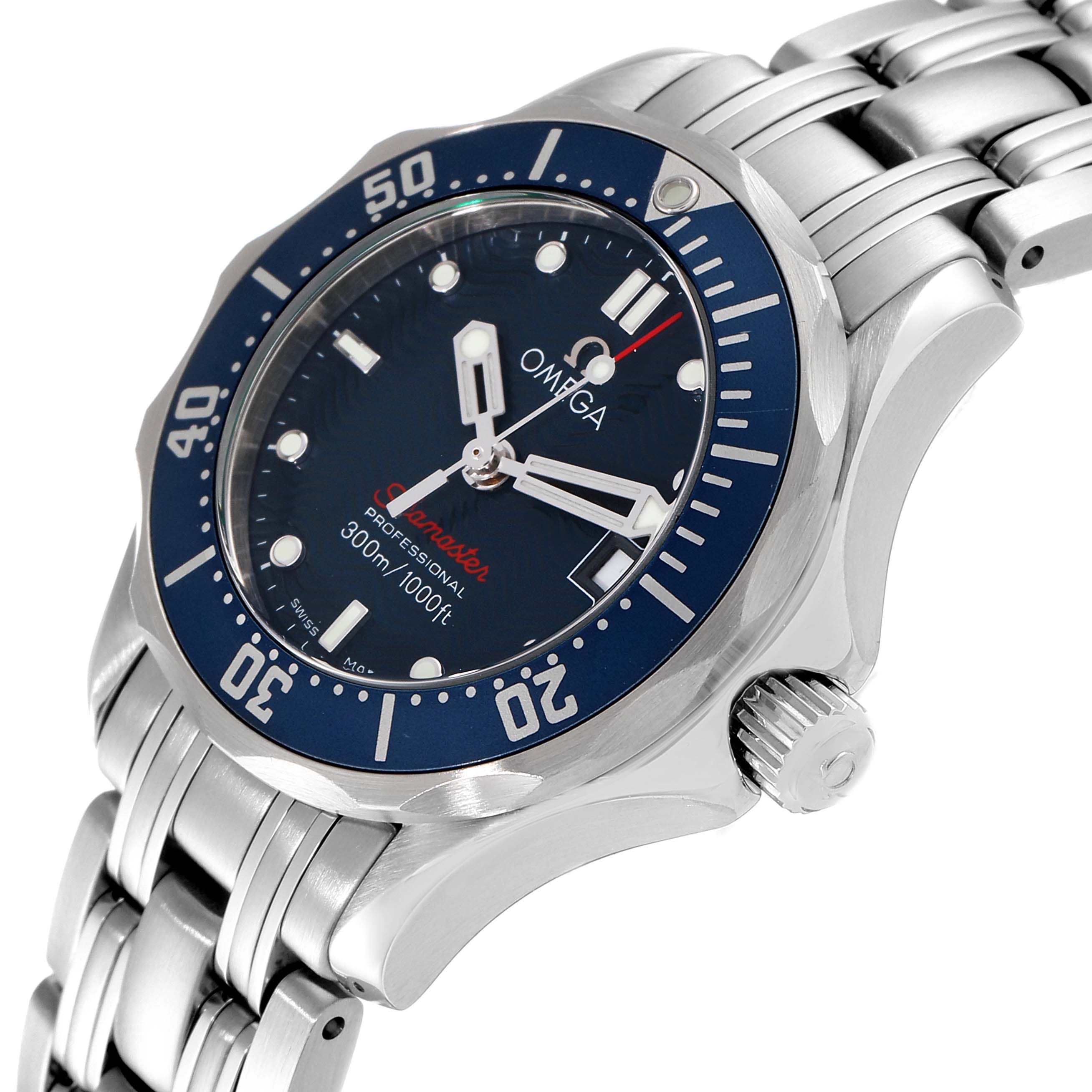 The image shows an angled view of the Omega 2224.80.00 Women
s Stainless Steel Blue Dial 2224.80.00 Women
s Stainless Steel Blue Dial Seamaster Diver 300M 28mm Steel Ladies Watch 2224.80.00, highlighting the dial, bezel, and bracelet.