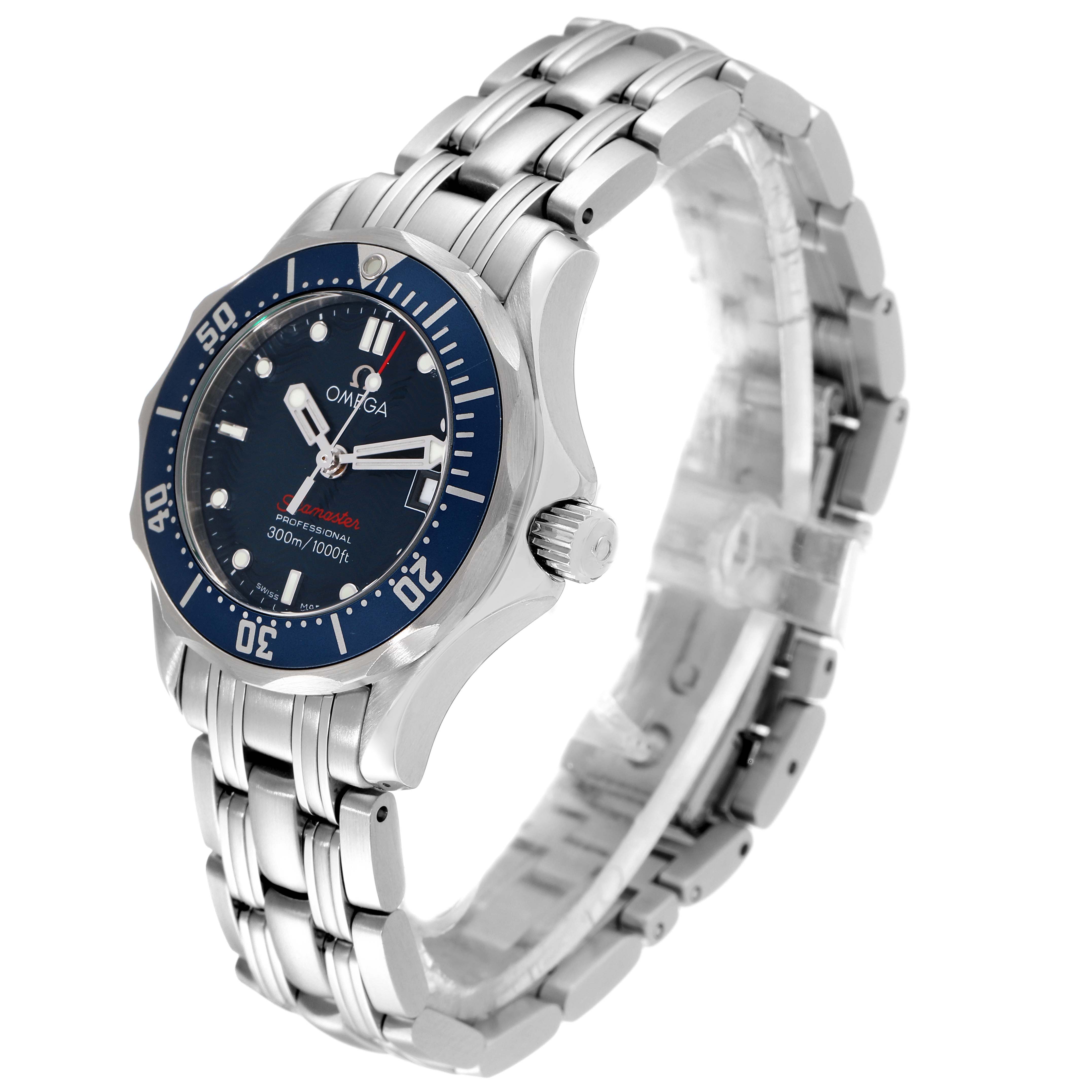 This image shows the Omega 2224.80.00 Women
s Stainless Steel Blue Dial 2224.80.00 Women
s Stainless Steel Blue Dial Seamaster Diver 300M 28mm Steel Ladies Watch 2224.80.00, angled to display the dial, bezel, and bracelet.