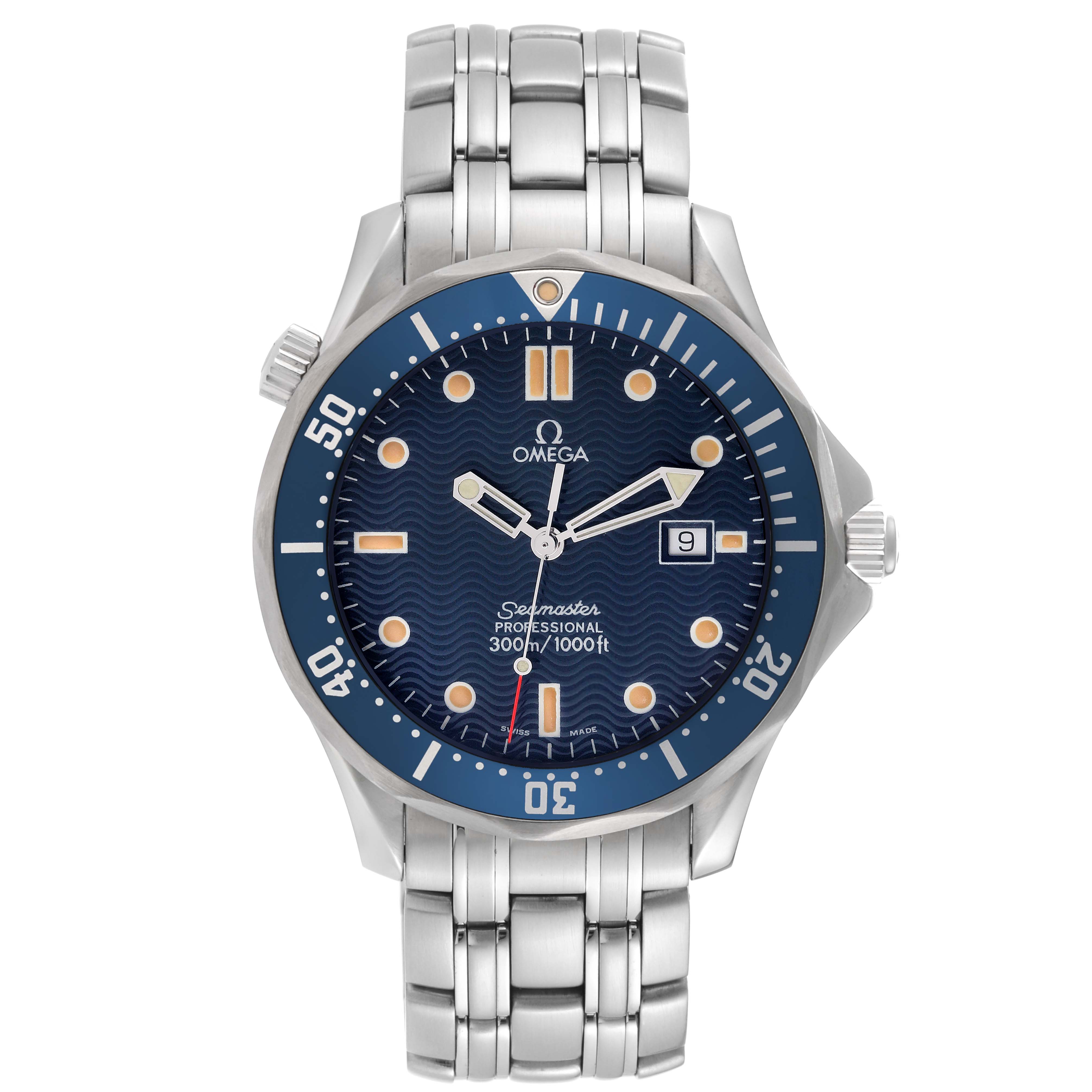 The image shows a front view of the Omega Seamaster 2541.80.00 Men's Stainless Steel Blue Dial 2541.80.00 Men's Stainless Steel Blue Dial watch, highlighting its bracelet, bezel, dial, and crown.