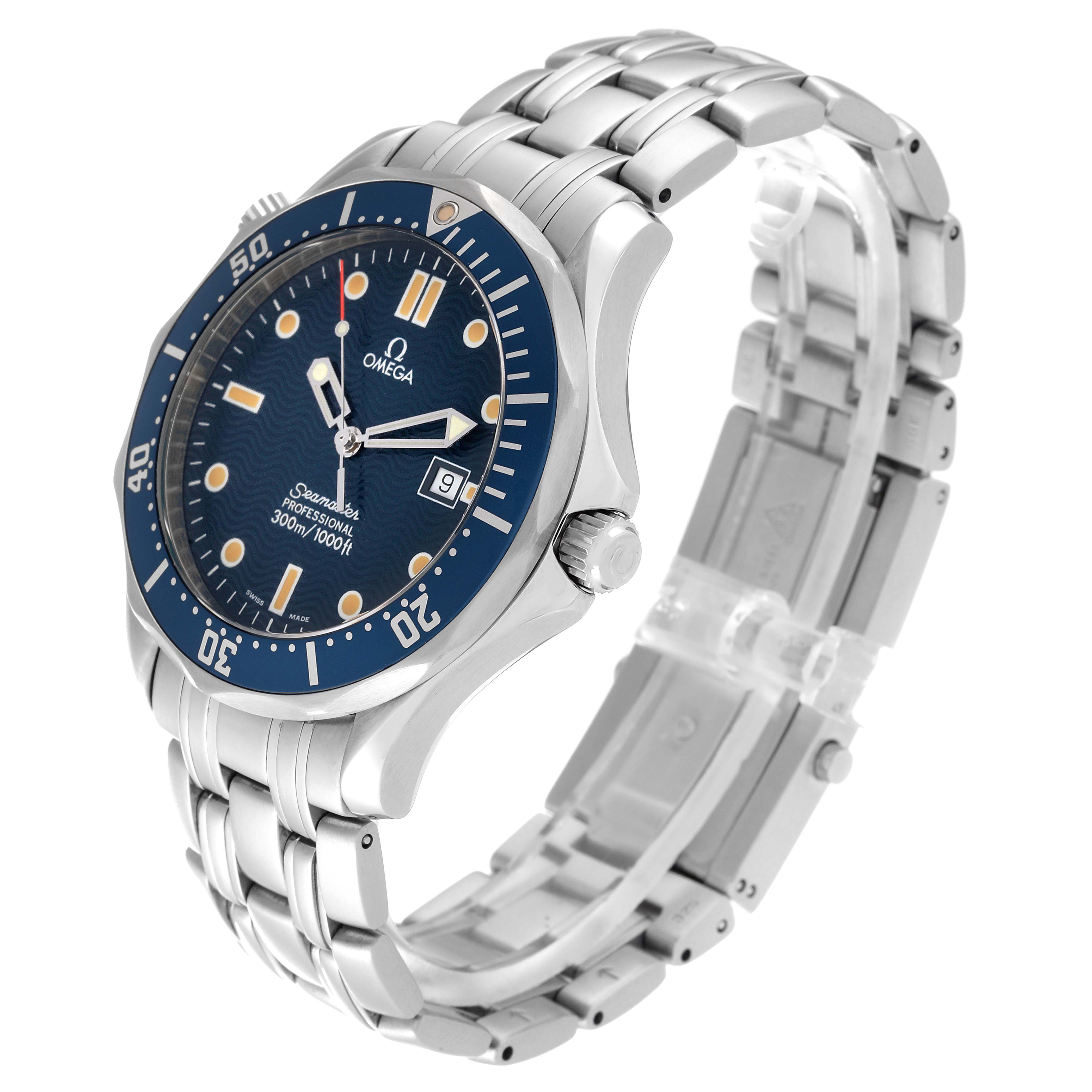 The image shows a side angle of the Omega Seamaster 2541.80.00 Men's Stainless Steel Blue Dial 2541.80.00 Men's Stainless Steel Blue Dial watch, highlighting its blue dial, bezel, crown, and stainless steel bracelet.