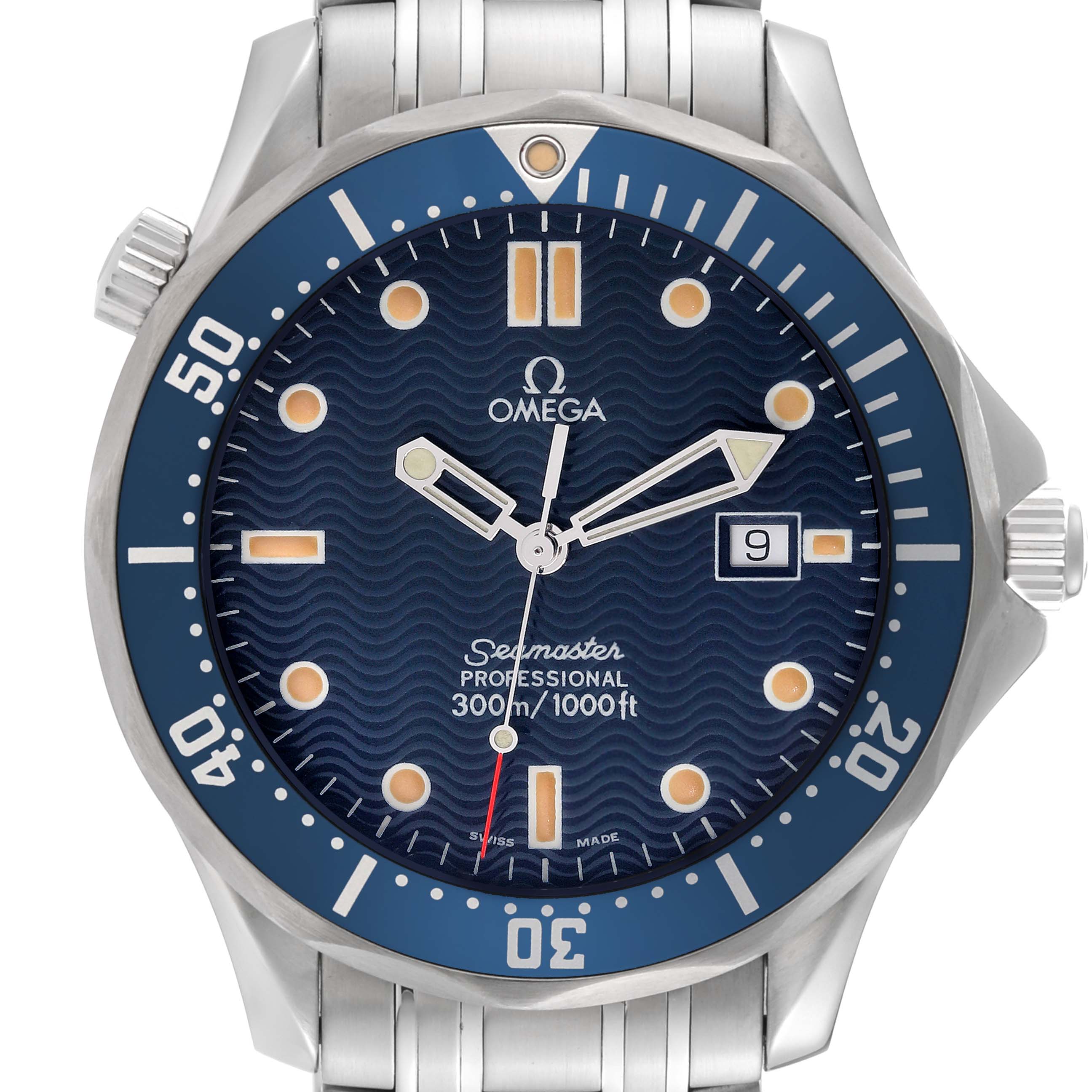 The image shows a front view of the Omega Seamaster 2541.80.00 Men's Stainless Steel Blue Dial 2541.80.00 Men's Stainless Steel Blue Dial watch, focusing on its blue dial, bezel, and stainless steel bracelet.