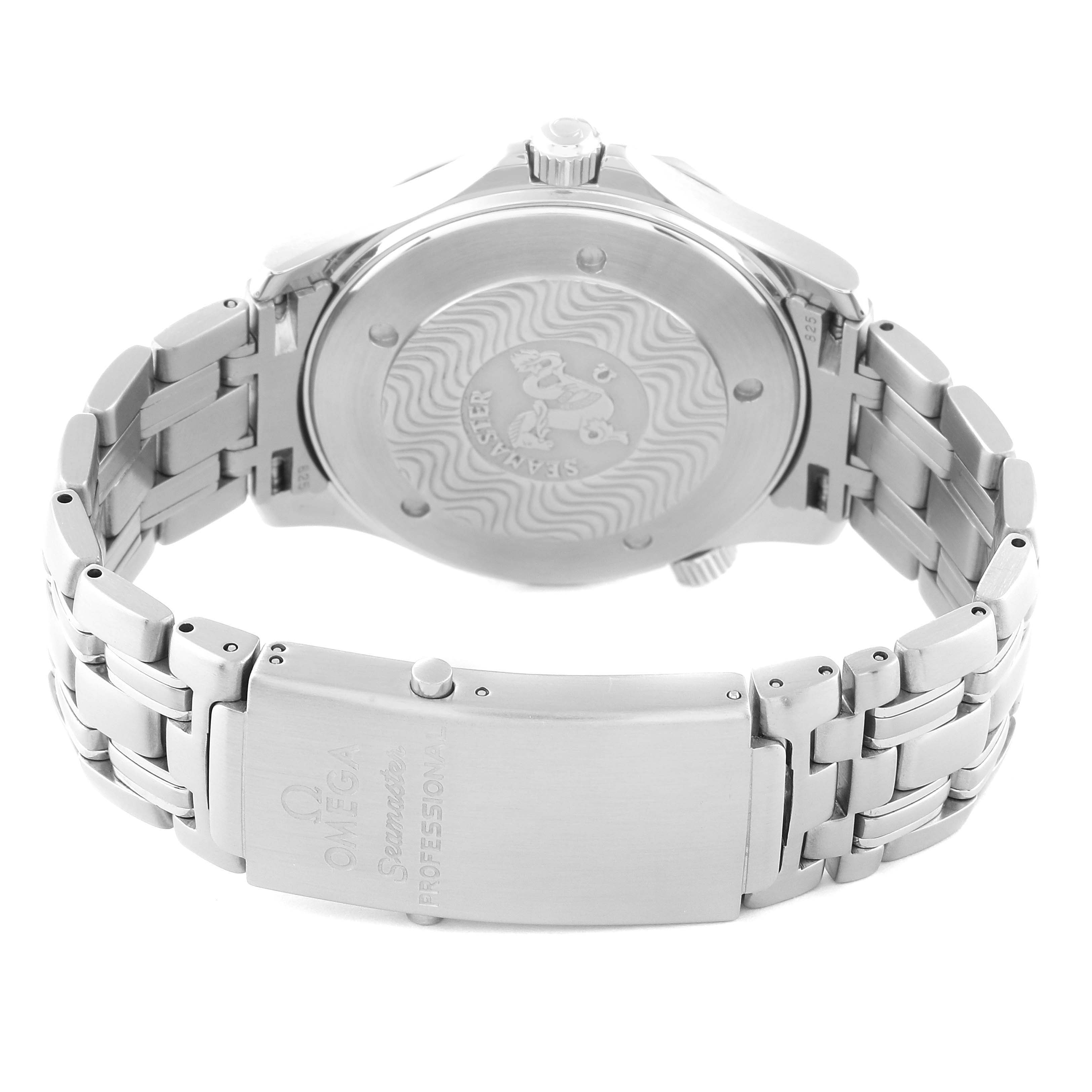 The image shows the back case and stainless steel bracelet clasp of the Omega Seamaster 2541.80.00 Men's Stainless Steel Blue Dial 2541.80.00 Men's Stainless Steel Blue Dial watch, rear angle view.