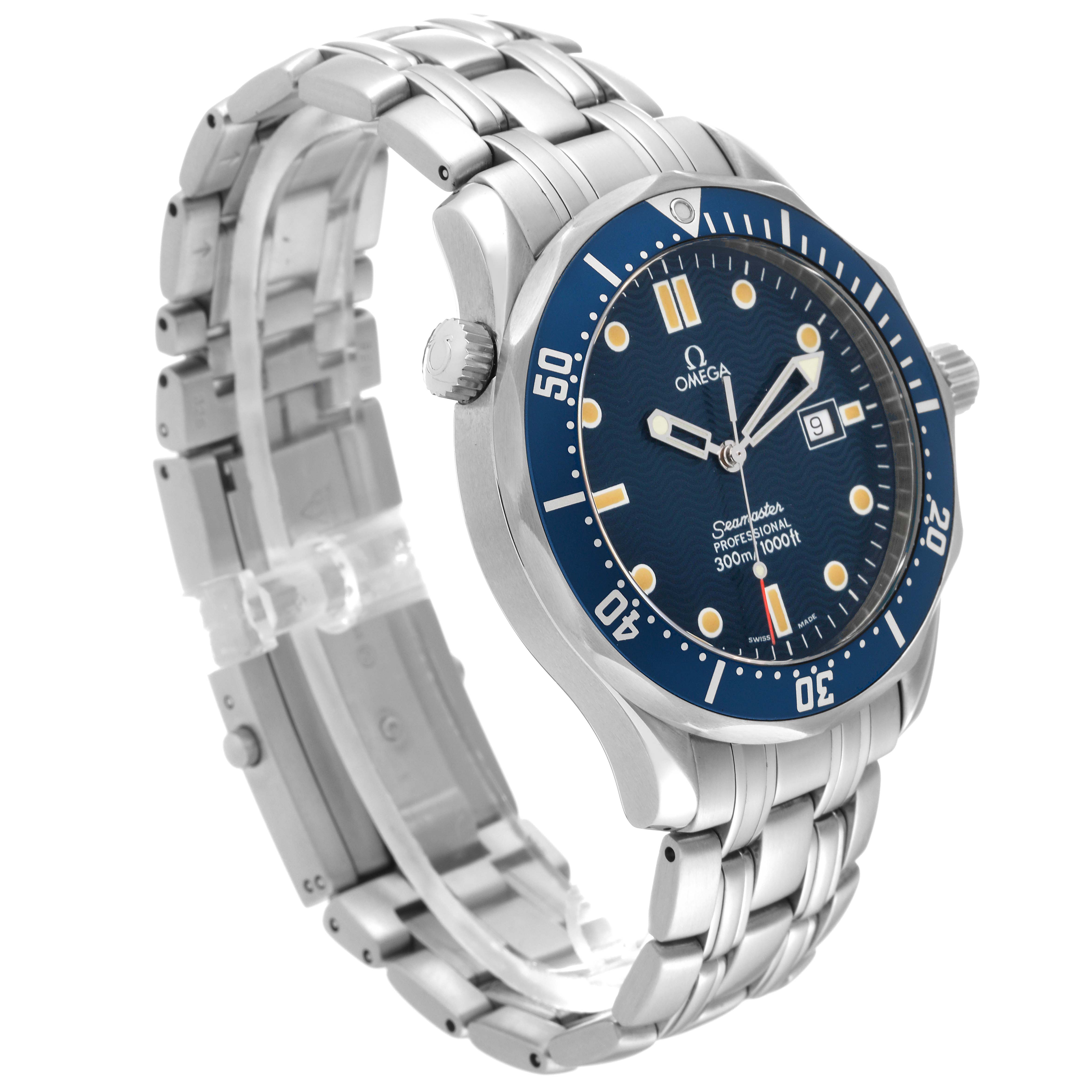 The image shows an Omega Seamaster 2541.80.00 Men's Stainless Steel Blue Dial 2541.80.00 Men's Stainless Steel Blue Dial watch at a three-quarter angle, highlighting its dial, crown, and stainless steel bracelet.