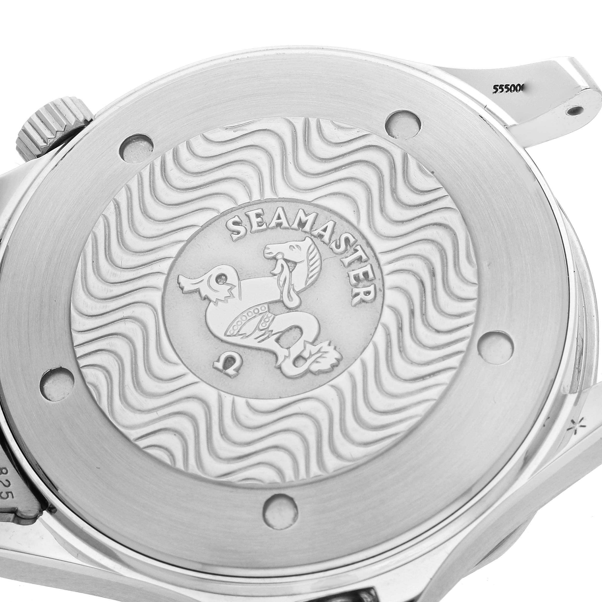 The image shows the case back of an Omega Seamaster 2541.80.00 Men's Stainless Steel Blue Dial 2541.80.00 Men's Stainless Steel Blue Dial watch, featuring an engraved design and branding.