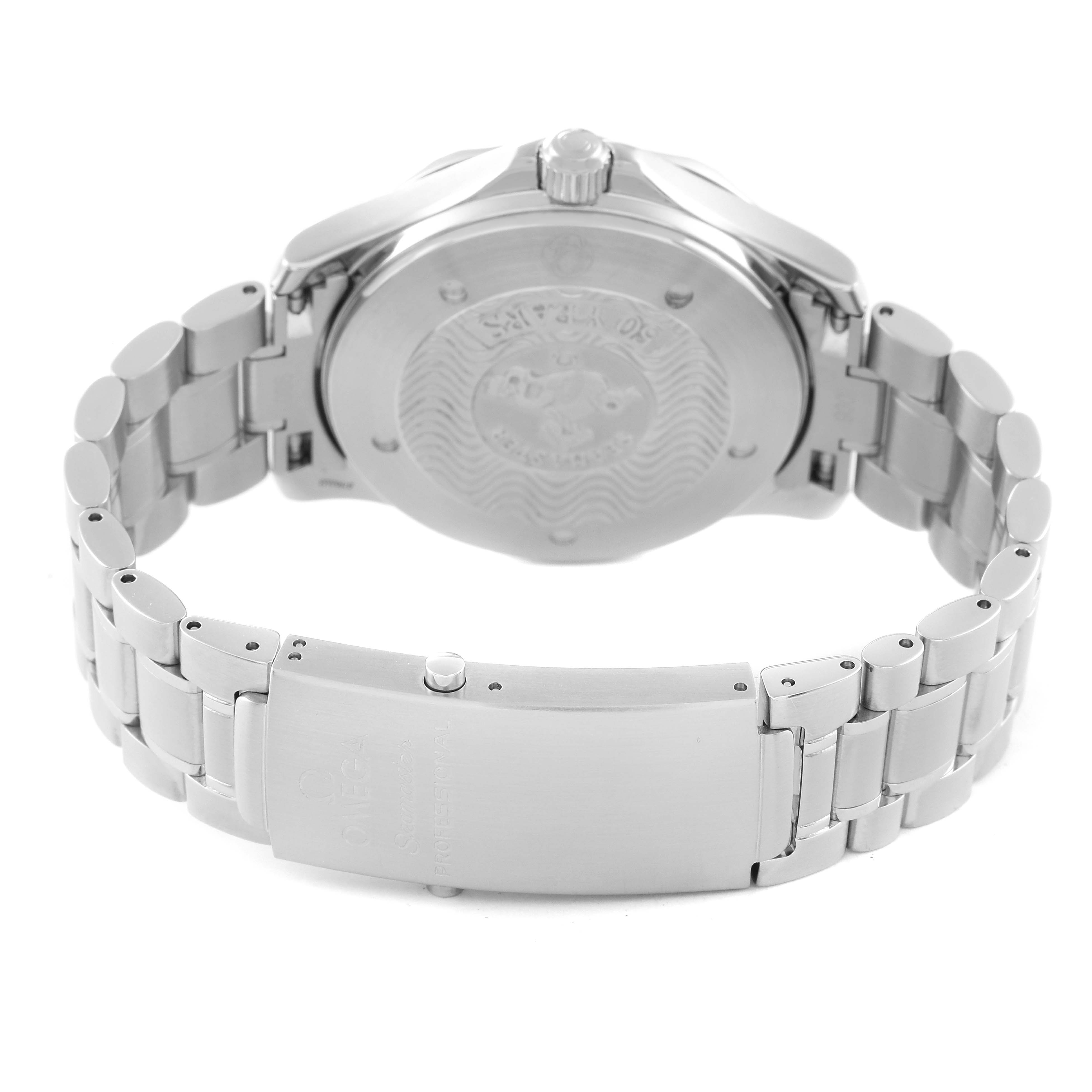 This image shows the back and clasp of the Omega Seamaster 2234.50.00 Men's Stainless Steel Black Dial 2234.50.00 Men's Stainless Steel Black Dial watch at an angle that highlights its stainless steel bracelet.