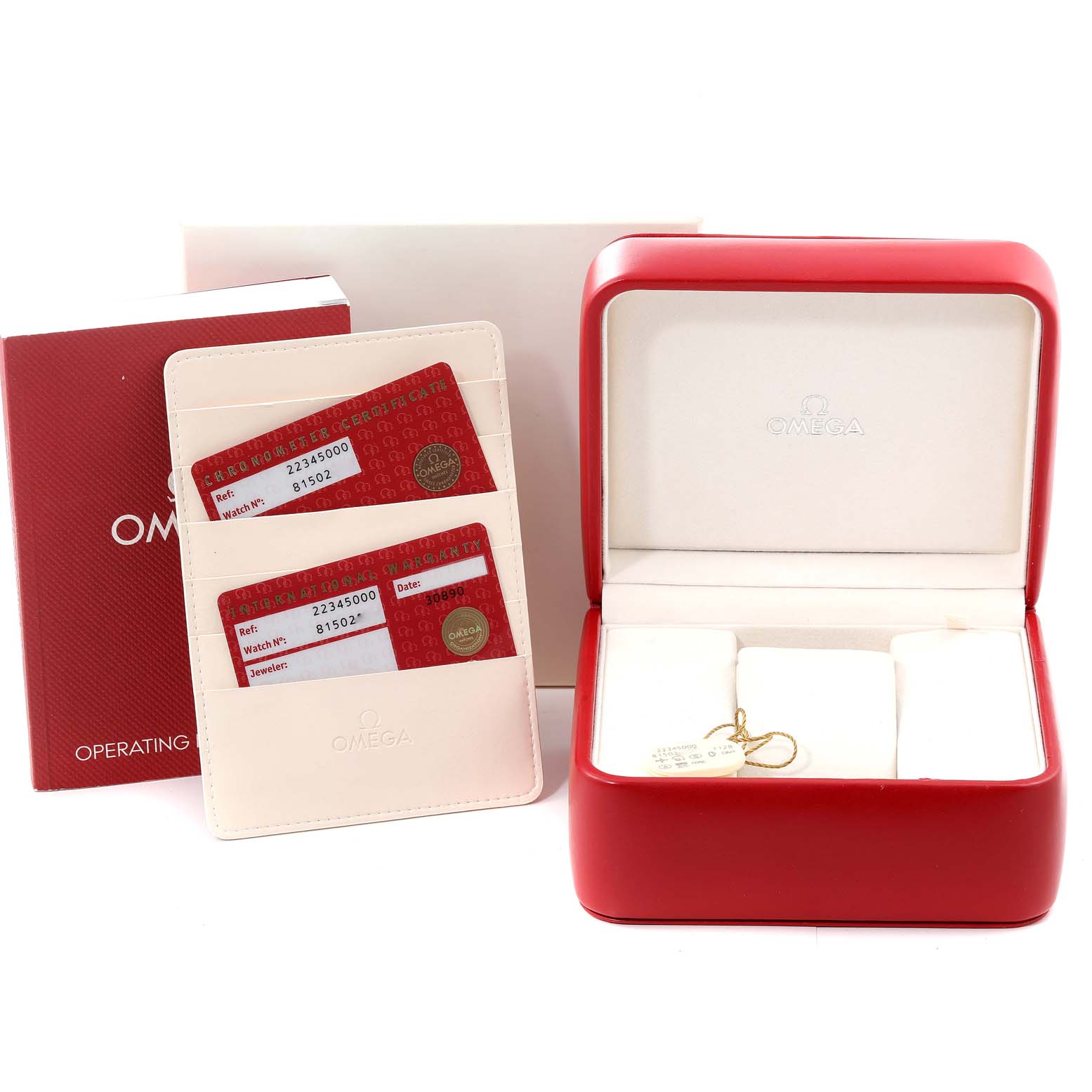 The image shows the accessories for an Omega Seamaster 2234.50.00 Men's Stainless Steel Black Dial 2234.50.00 Men's Stainless Steel Black Dial, including operating instructions, warranty cards, and a red watch box.