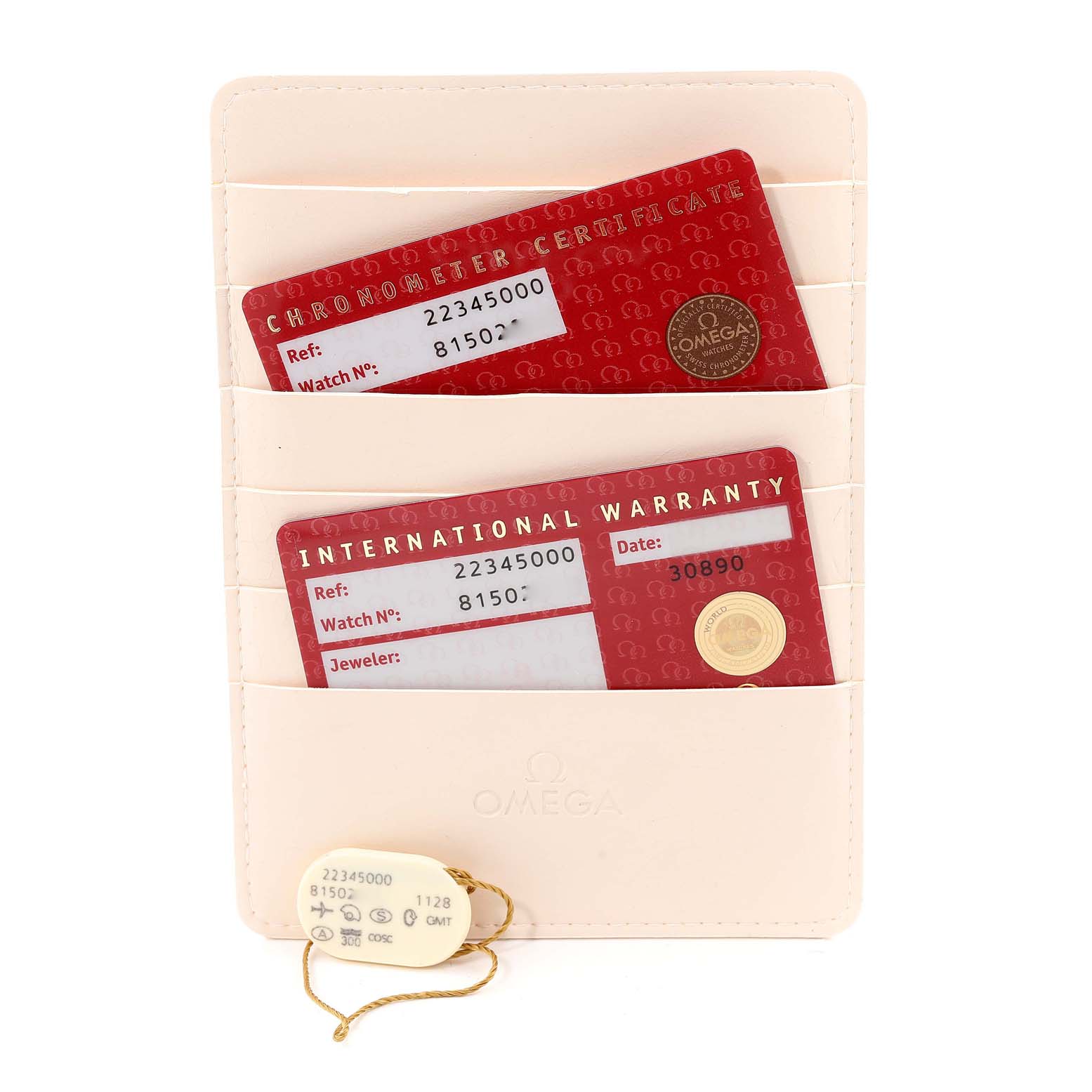 The image shows the warranty and chronometer certificate cards for an Omega Seamaster 2234.50.00 Men's Stainless Steel Black Dial 2234.50.00 Men's Stainless Steel Black Dial, along with a tag, all held in a cardholder.