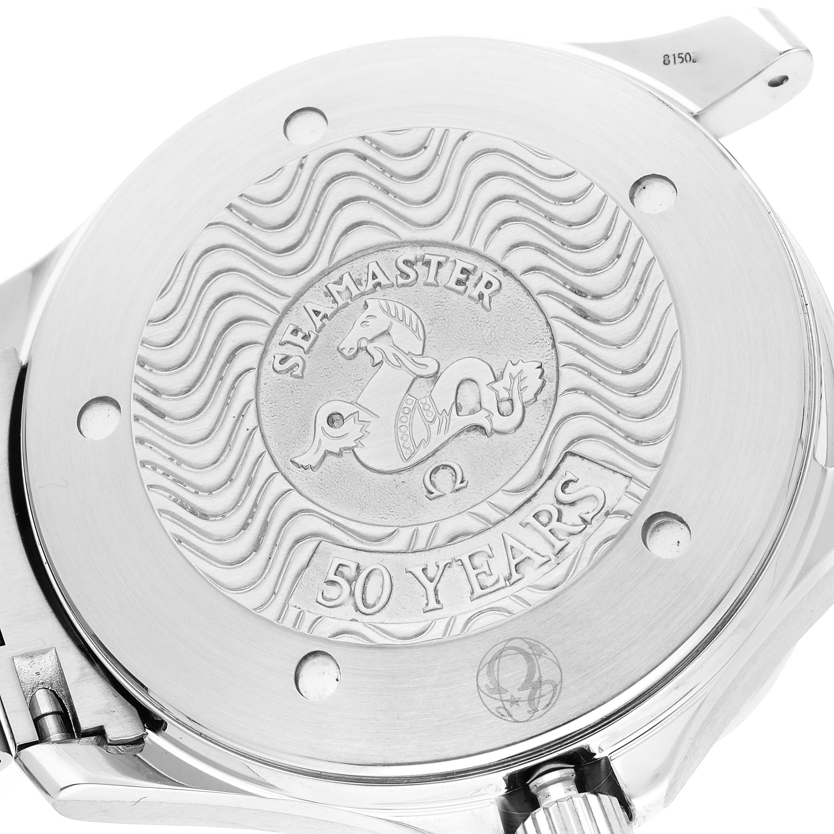 The image shows the back case of an Omega Seamaster 2234.50.00 Men's Stainless Steel Black Dial 2234.50.00 Men's Stainless Steel Black Dial watch, engraved with a 50 Years commemorative design.