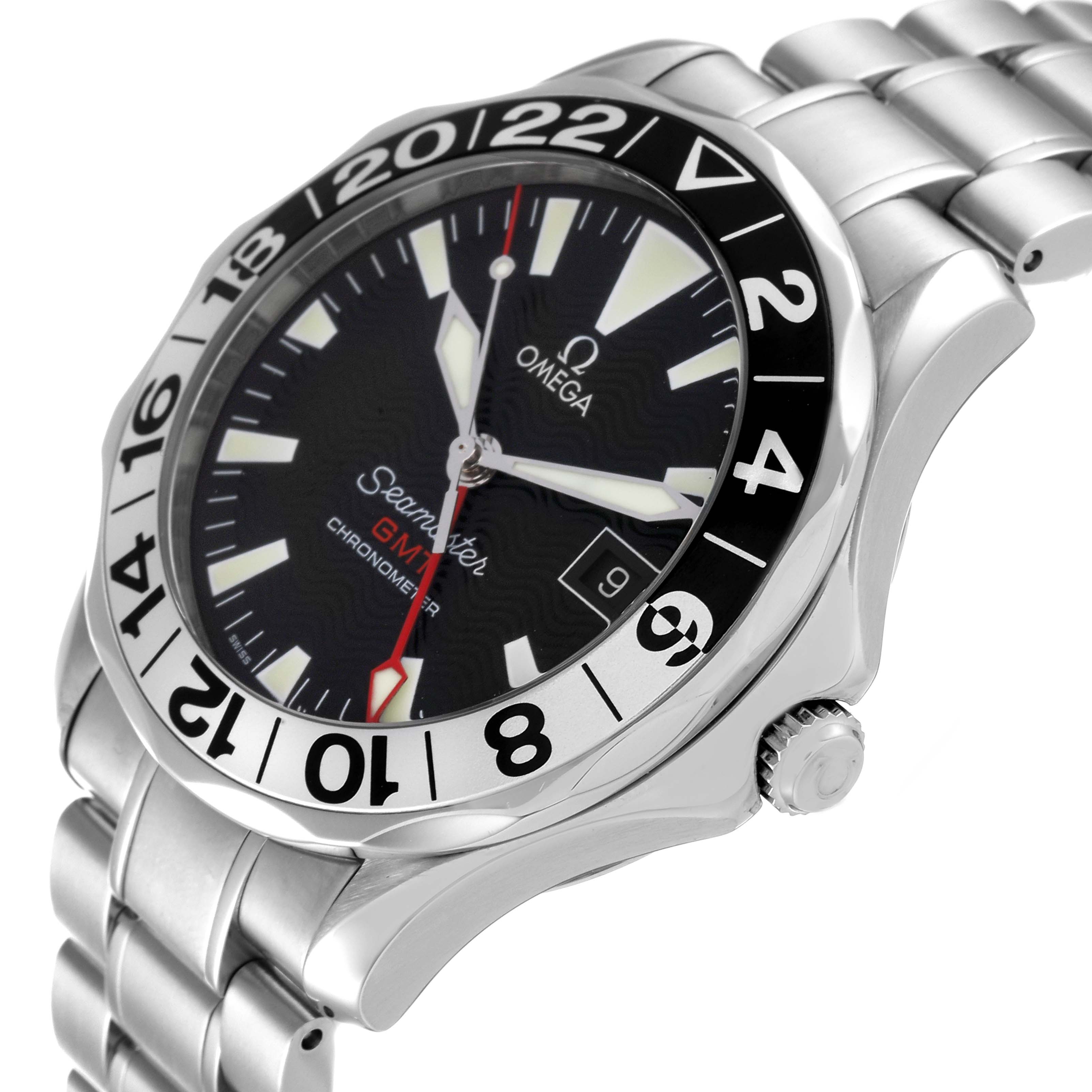 This image shows the Omega Seamaster 2234.50.00 Men's Stainless Steel Black Dial 2234.50.00 Men's Stainless Steel Black Dial watch at an angle highlighting its dial, bezel, crown, and part of the stainless steel bracelet.