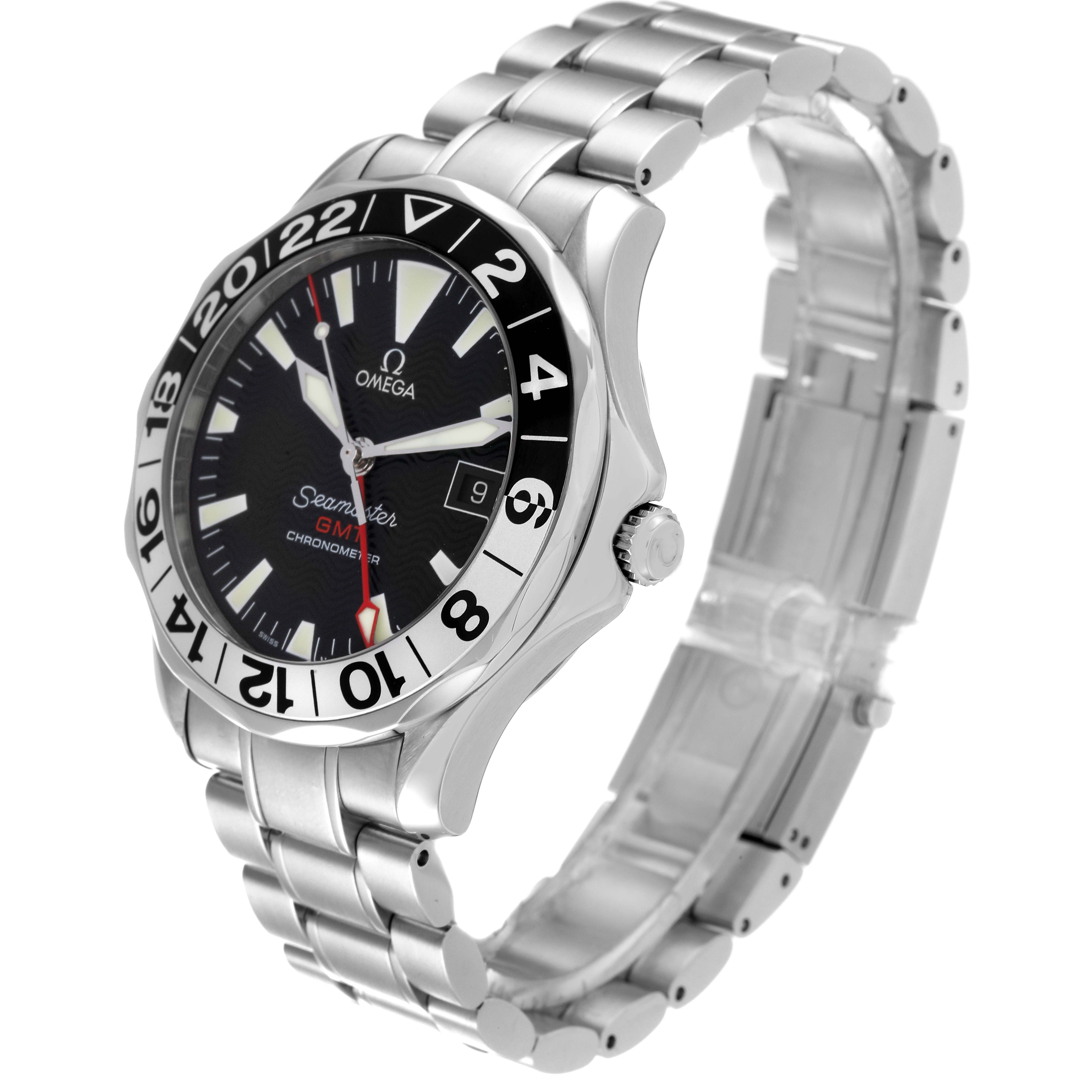 The image shows a side-angle view of an Omega Seamaster 2234.50.00 Men's Stainless Steel Black Dial 2234.50.00 Men's Stainless Steel Black Dial watch, displaying its face, bezel, crown, and metal bracelet.