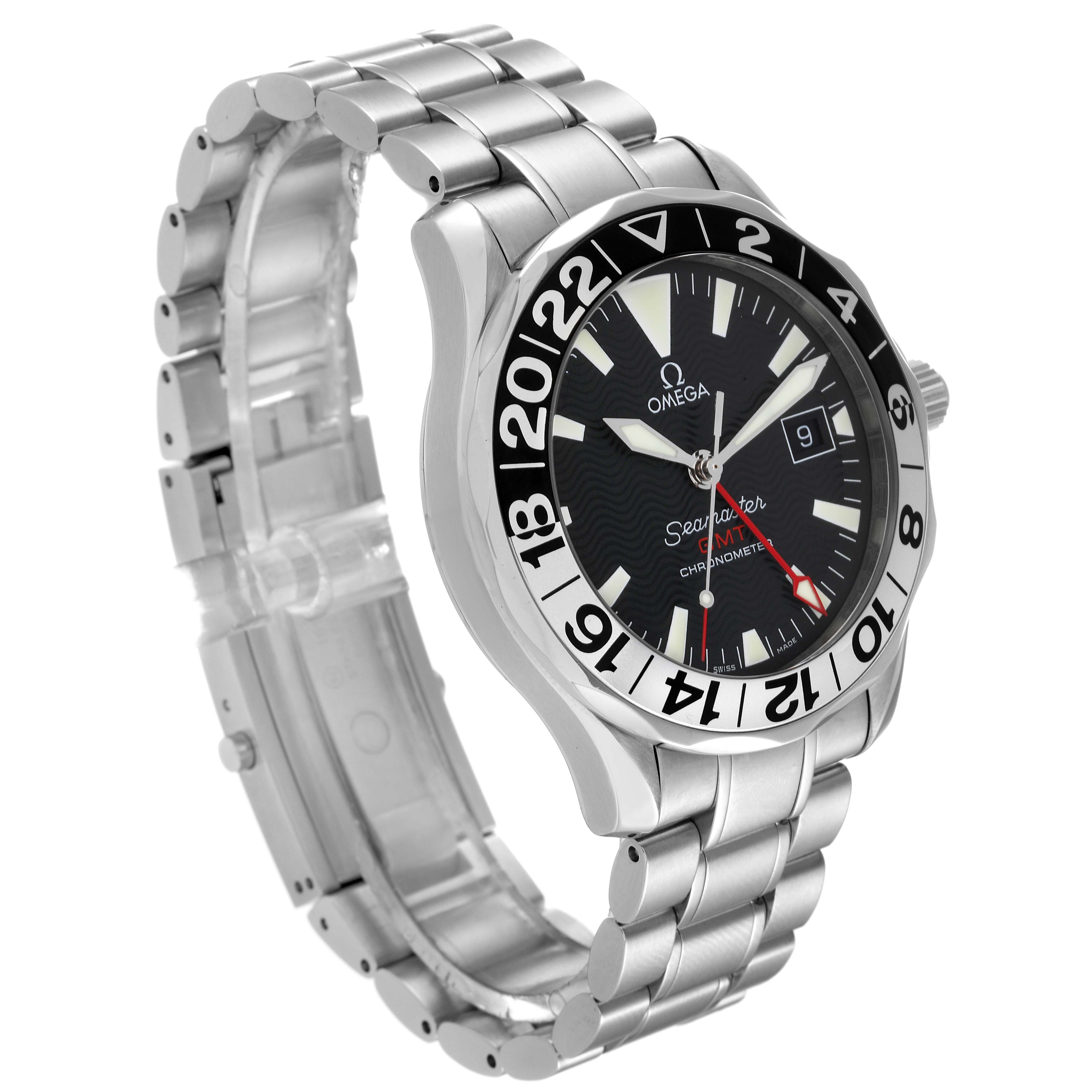 This image shows an Omega Seamaster 2234.50.00 Men's Stainless Steel Black Dial 2234.50.00 Men's Stainless Steel Black Dial watch at a slight angle, highlighting the dial, bezel, case, bracelet, and crown.