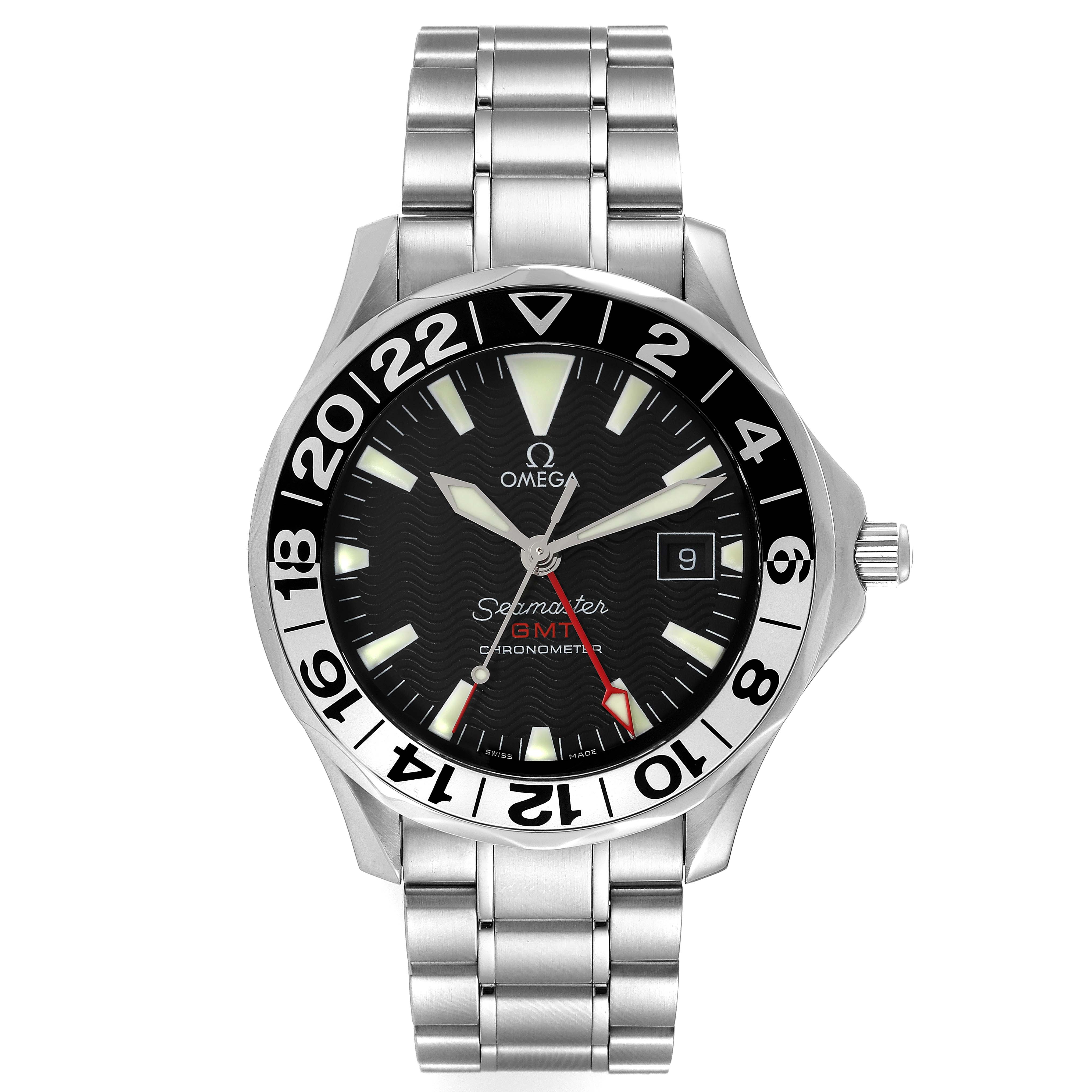 The image shows a full frontal view of the Omega Seamaster 2234.50.00 Men's Stainless Steel Black Dial 2234.50.00 Men's Stainless Steel Black Dial GMT Chronometer watch, including the dial, bezel, and stainless steel bracelet.