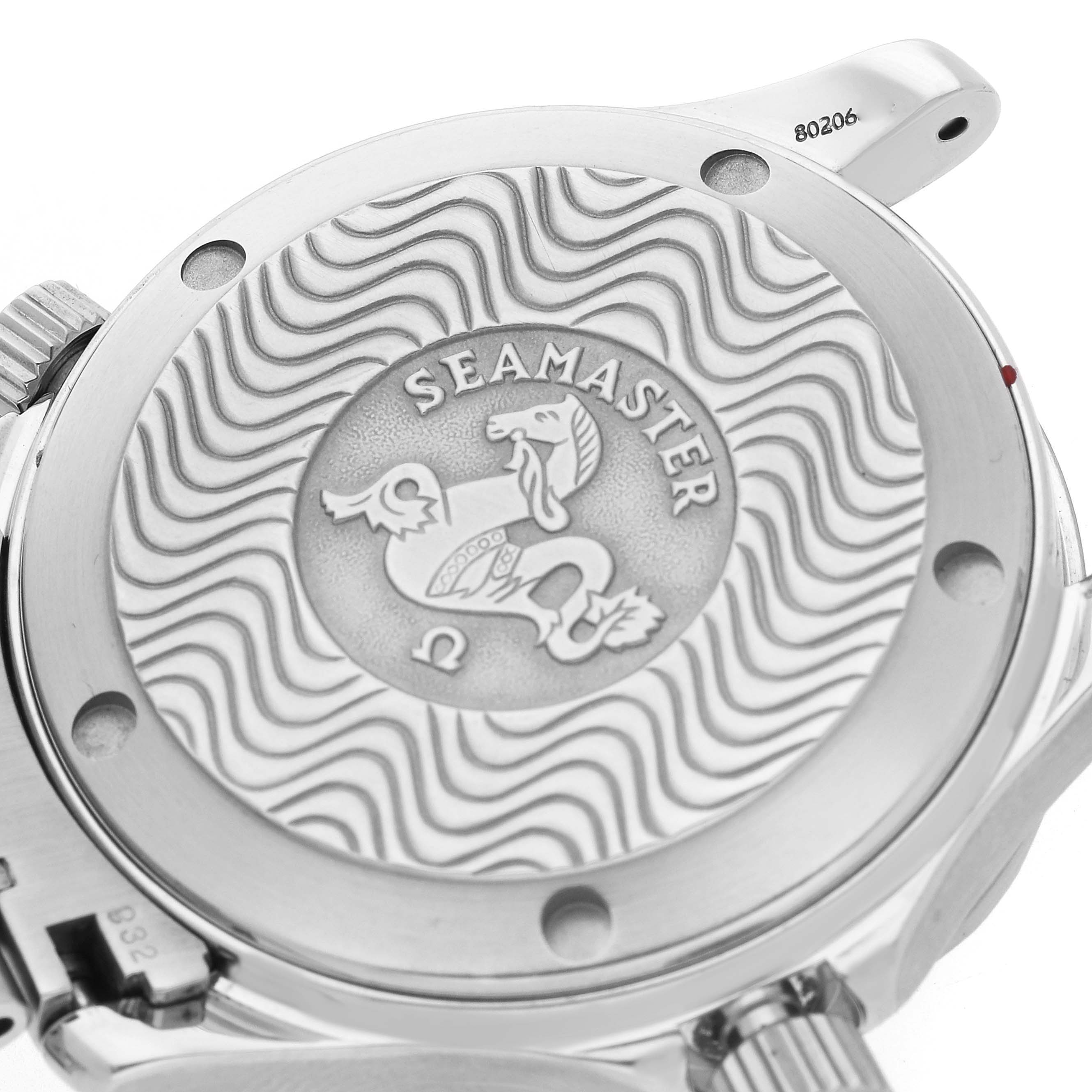 The image shows the case back of an Omega Seamaster 2252.50.00 Men
s Stainless Steel Black Dial 2252.50.00 Men
s Stainless Steel Black Dial watch, featuring its wave pattern and logo engraving.