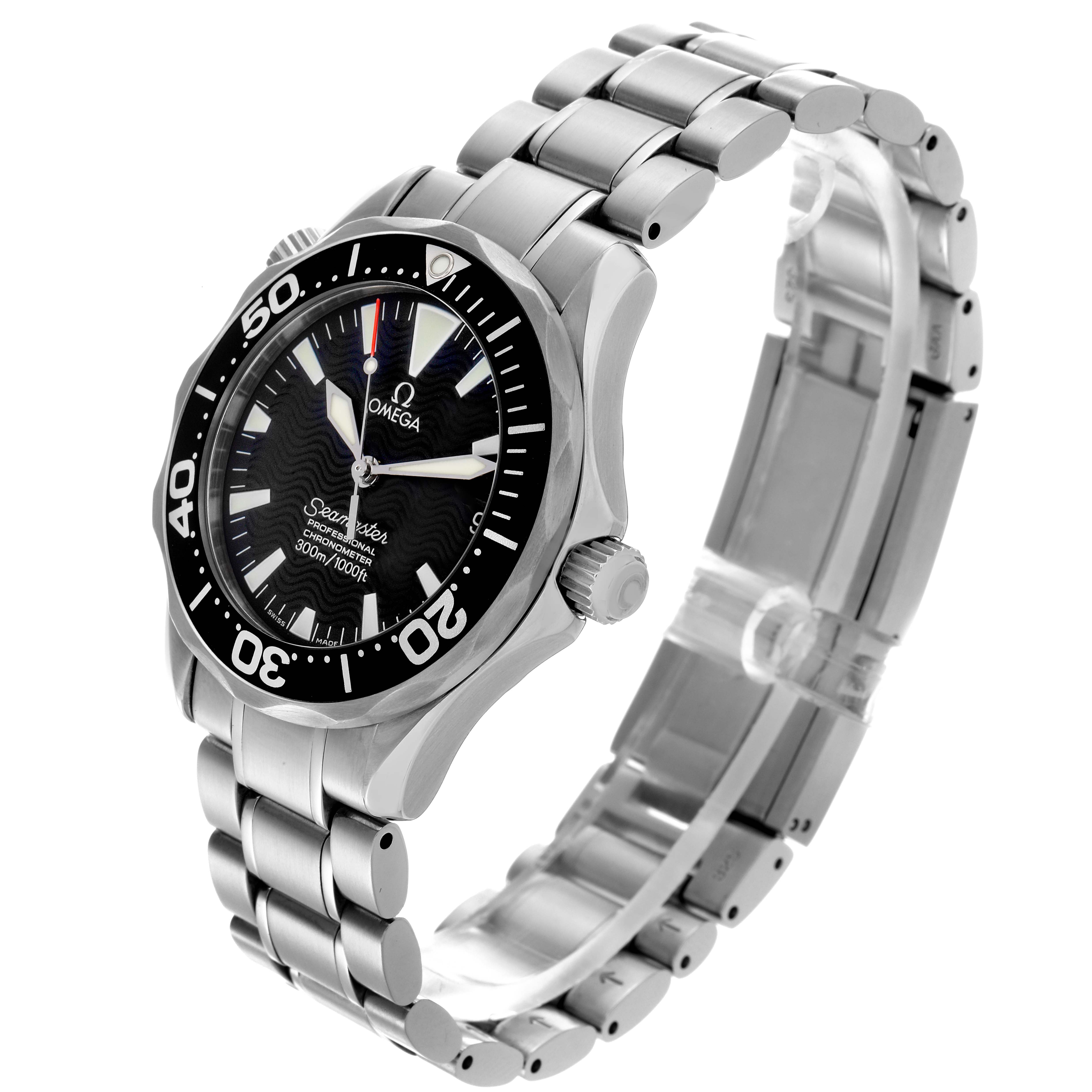 The Omega Seamaster 2252.50.00 Men
s Stainless Steel Black Dial 2252.50.00 Men
s Stainless Steel Black Dial watch is shown at an angle highlighting the face, bezel, crown, and stainless steel bracelet.