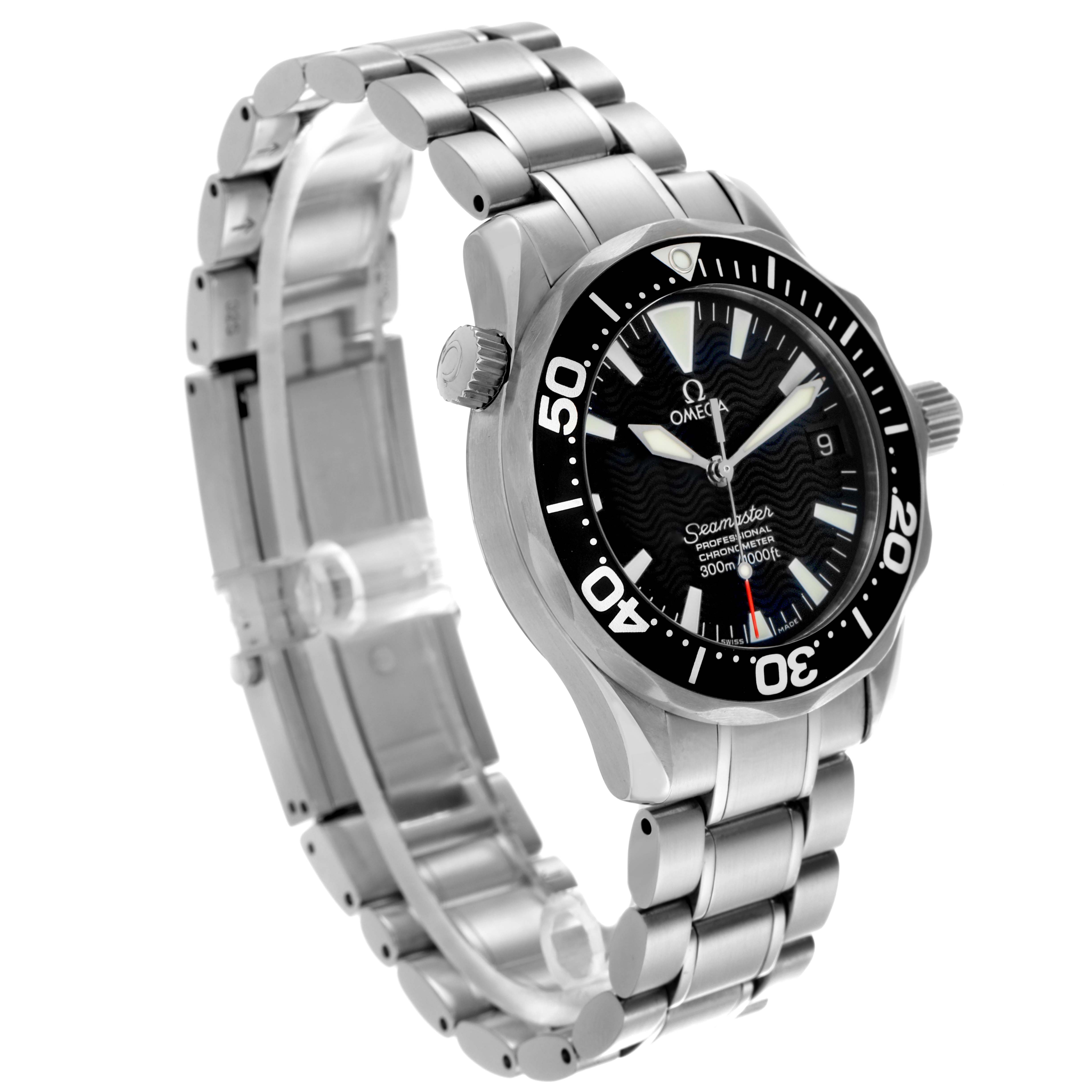 The Omega Seamaster 2252.50.00 Men
s Stainless Steel Black Dial 2252.50.00 Men
s Stainless Steel Black Dial watch is shown at an angled side view, displaying the bracelet, bezel, dial, and crown.