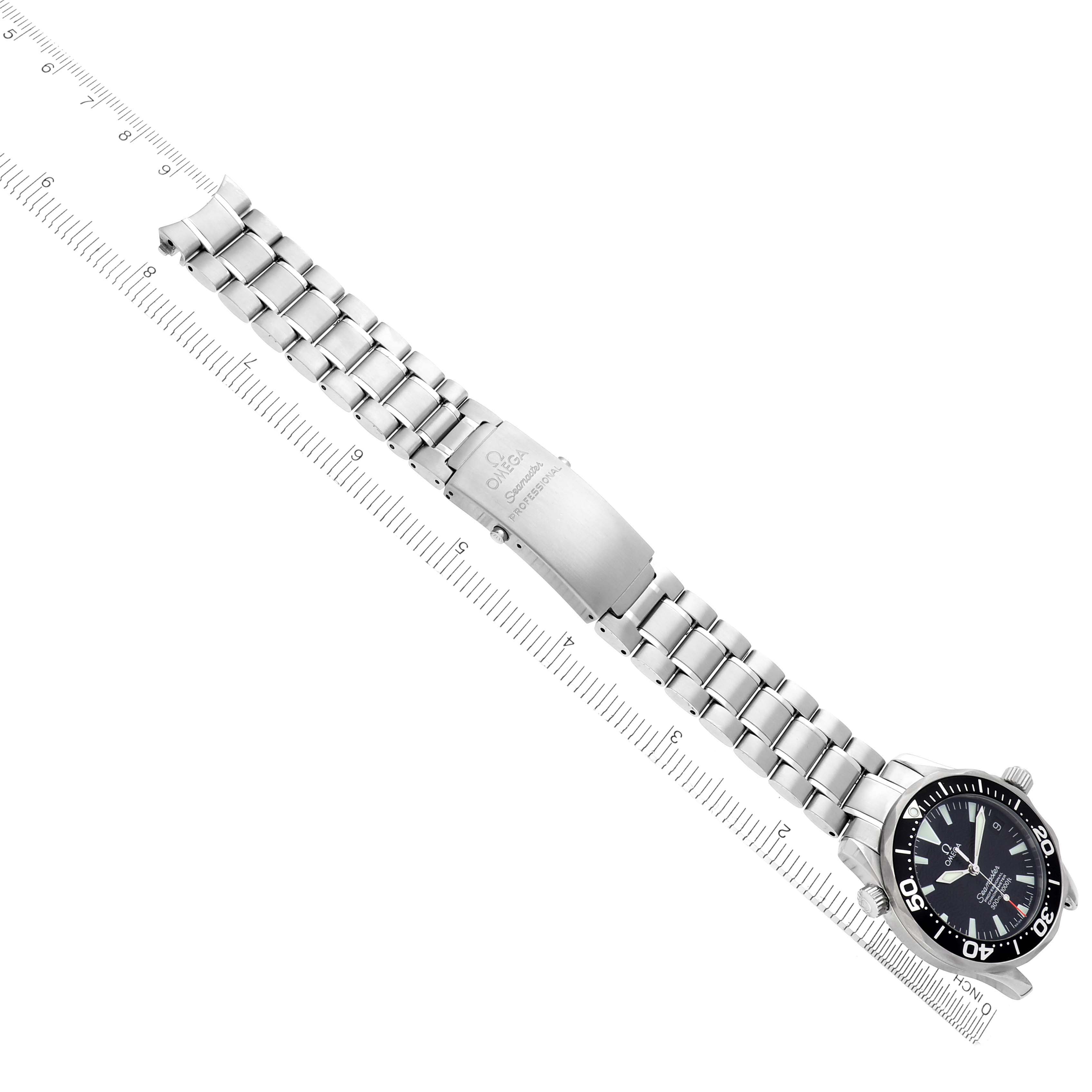 The Omega Seamaster 2252.50.00 Men
s Stainless Steel Black Dial 2252.50.00 Men
s Stainless Steel Black Dial watch is shown diagonally, displaying the face, bracelet, and clasp.