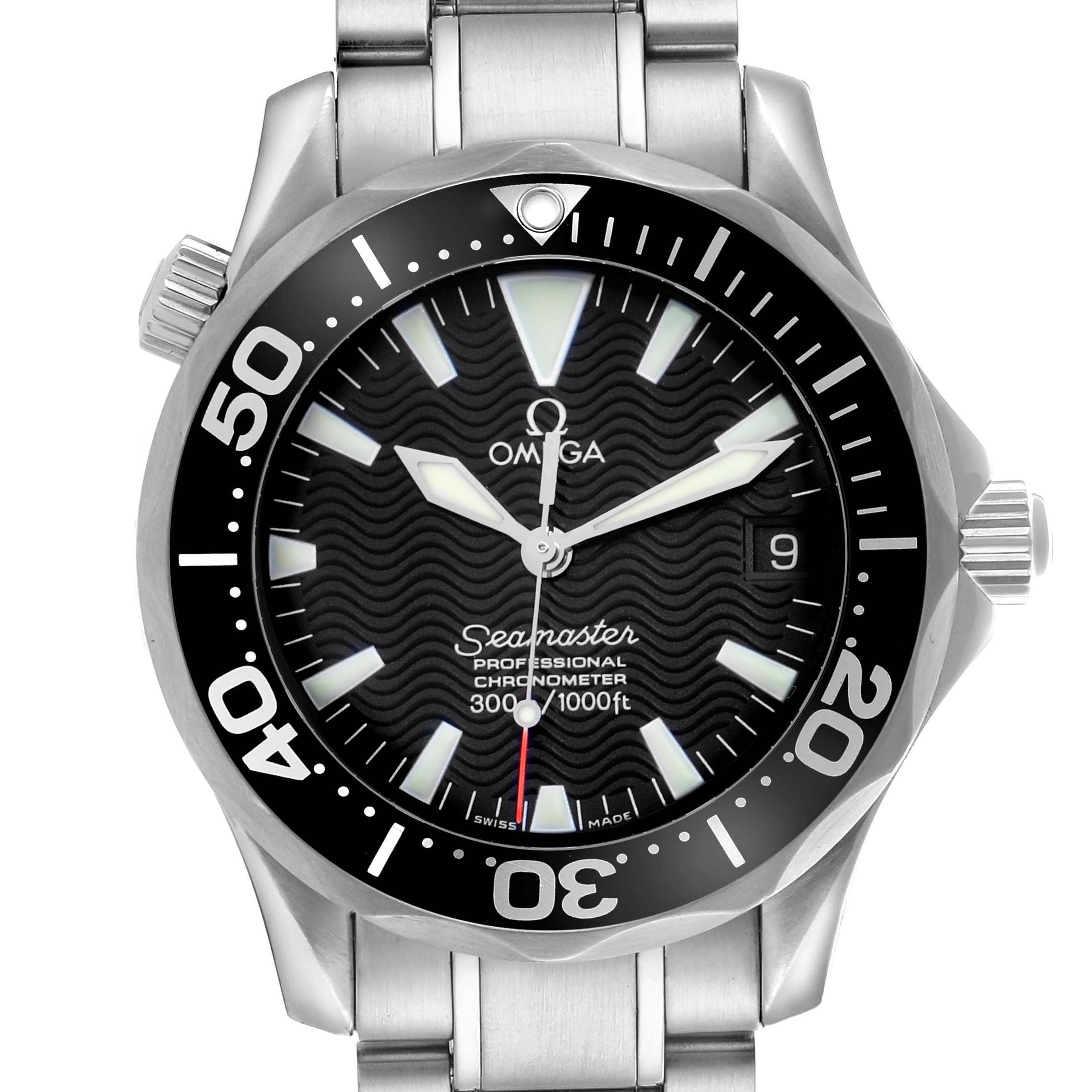 The Omega Seamaster 2252.50.00 Men
s Stainless Steel Black Dial 2252.50.00 Men
s Stainless Steel Black Dial watch is shown from the front, highlighting the bezel, dial, and bracelet.