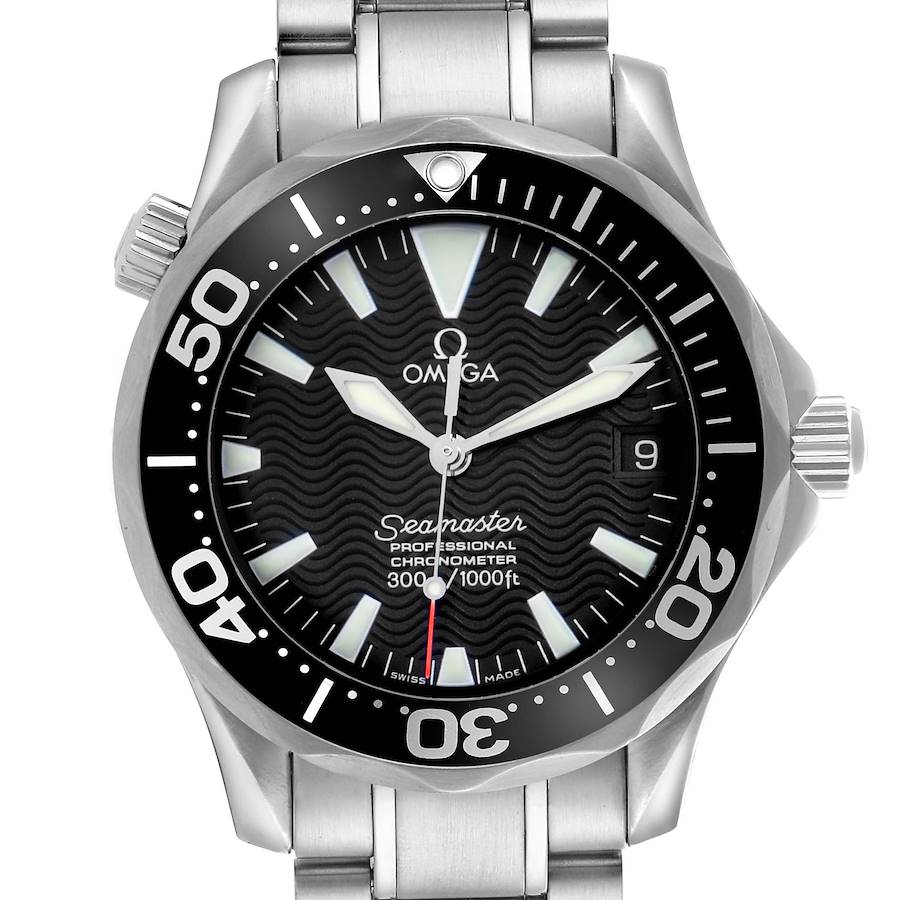 The Omega Seamaster watch is shown from the front, highlighting the bezel, dial, and bracelet.