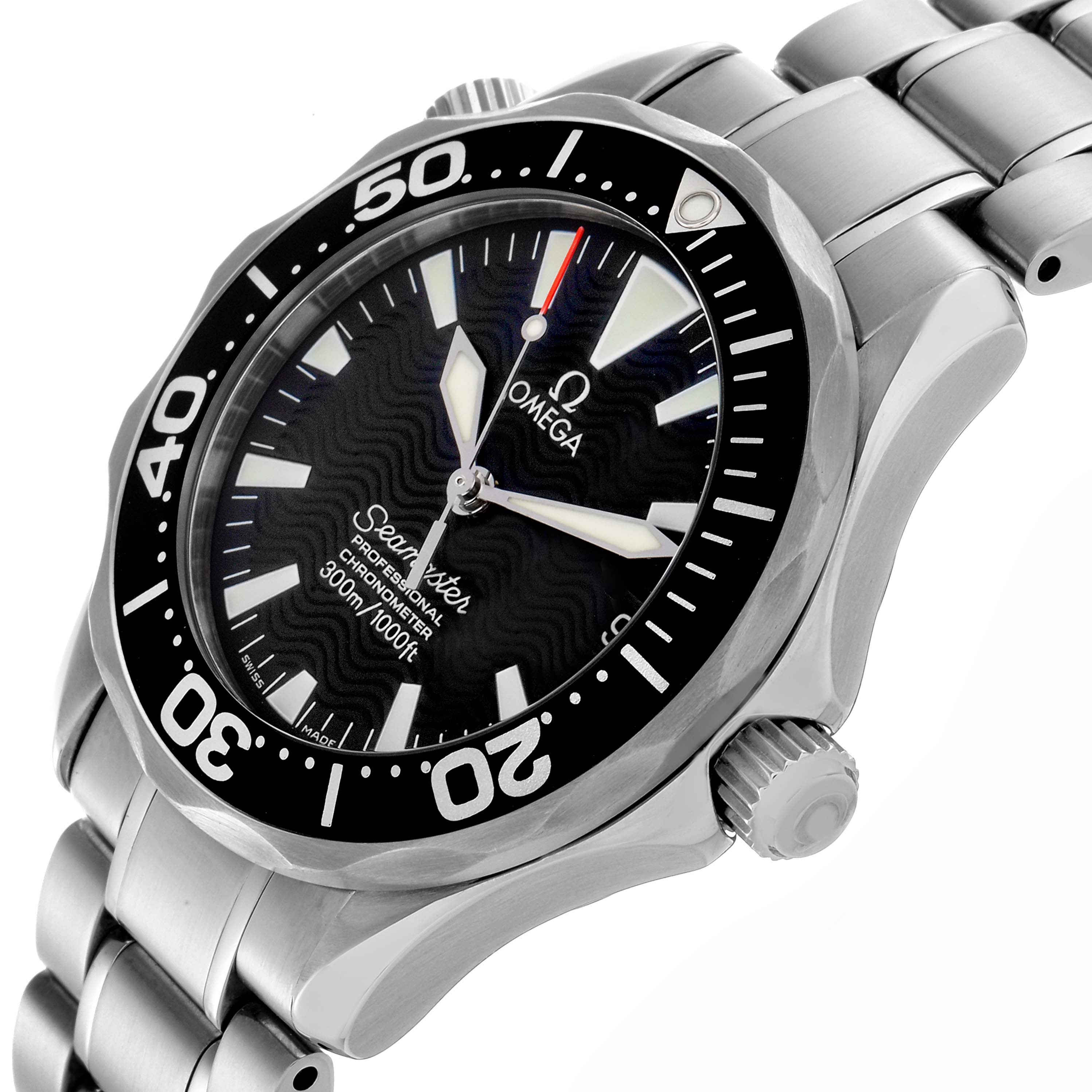 The Omega Seamaster 2252.50.00 Men
s Stainless Steel Black Dial 2252.50.00 Men
s Stainless Steel Black Dial watch is shown at a three-quarter angle, highlighting the bezel, dial, and bracelet.