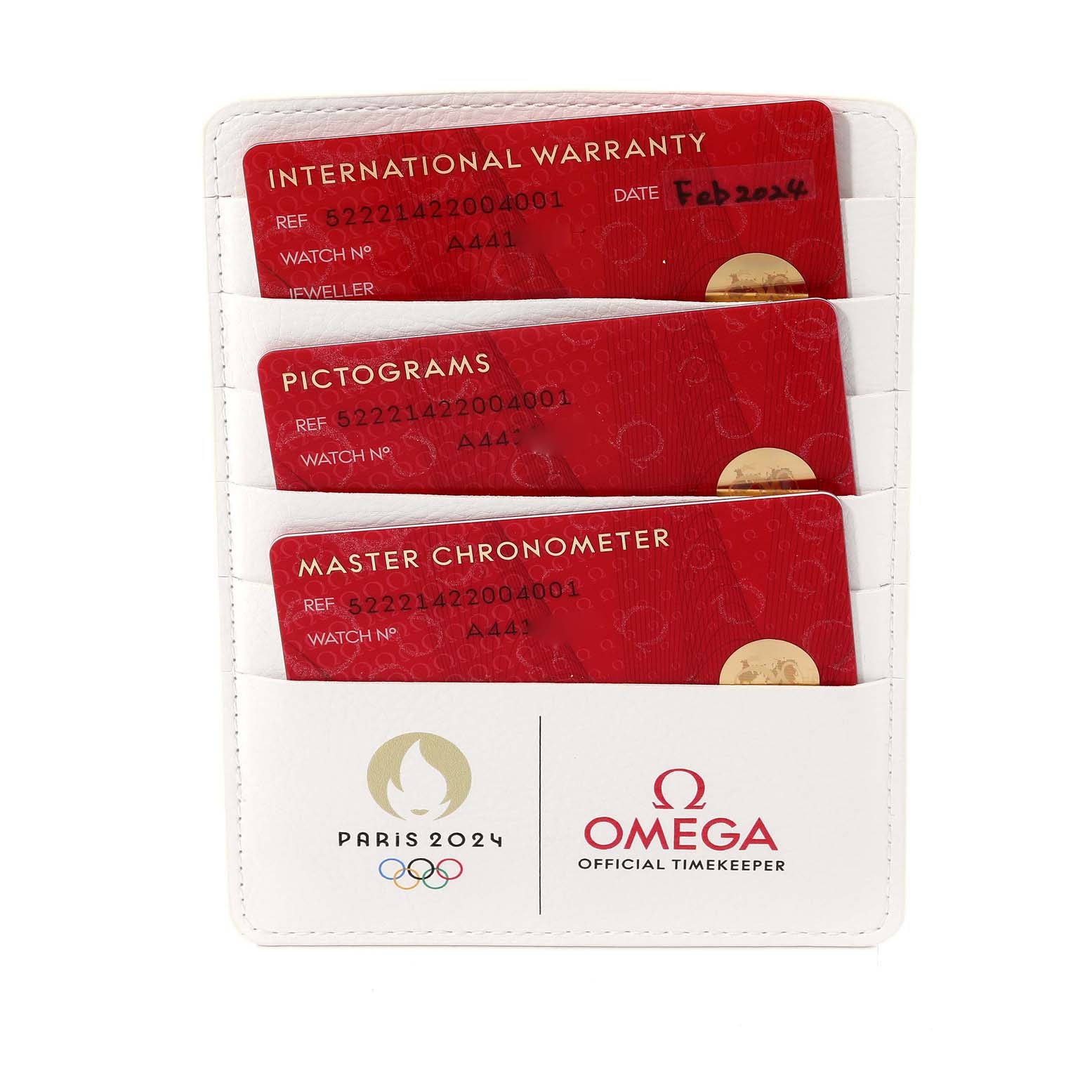 The image shows three red cards including International Warranty, Pictograms, and Master Chronometer for an Omega Seamaster 522.21.42.20.04.001 Men's Steel and Gold (two tone) White Dial 522.21.42.20.04.001 Men's Steel and Gold (two tone) White Dial, in a white holder.