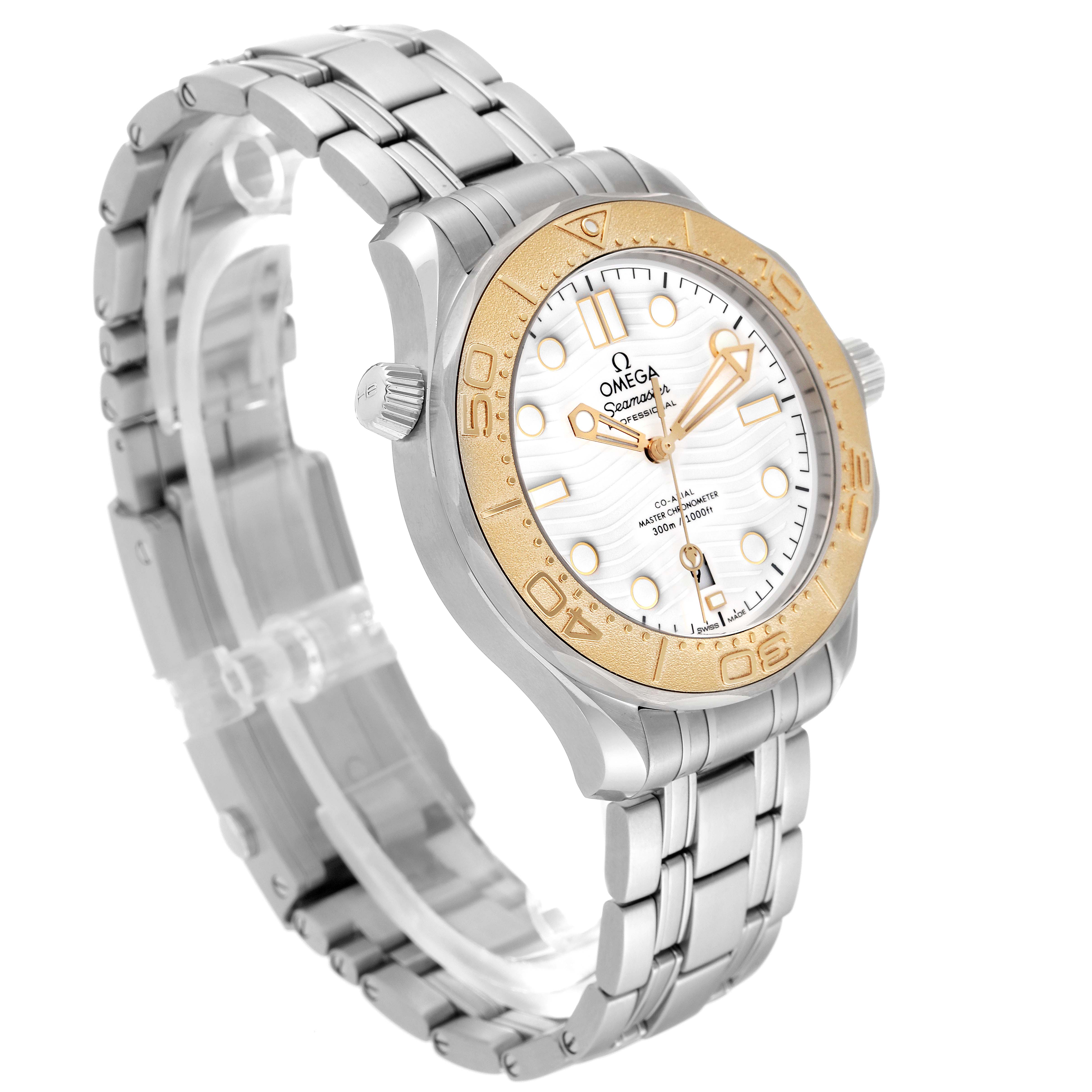 The Omega Seamaster 522.21.42.20.04.001 Men's Steel and Gold (two tone) White Dial 522.21.42.20.04.001 Men's Steel and Gold (two tone) White Dial watch is shown at an angle highlighting its white dial, gold bezel, and stainless steel bracelet.