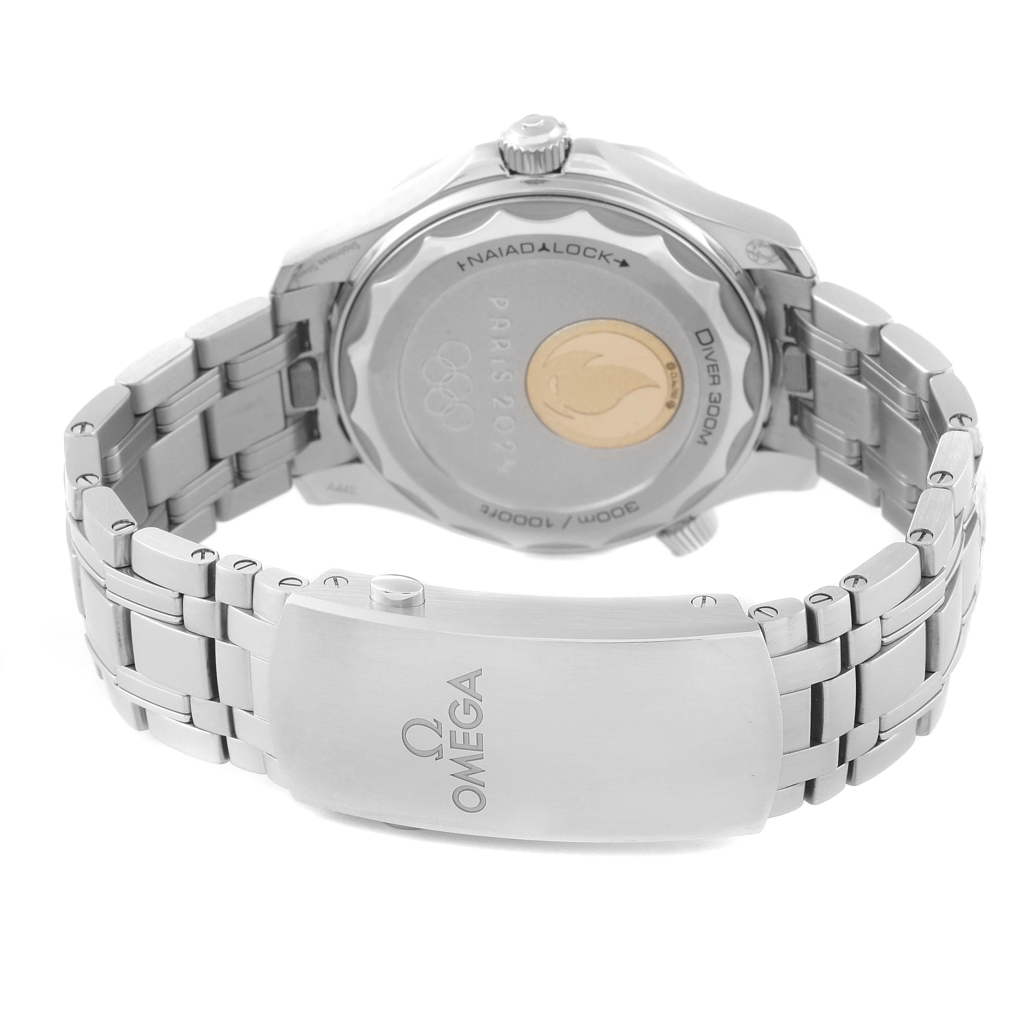 The image shows the back view of an Omega Seamaster 522.21.42.20.04.001 Men's Steel and Gold (two tone) White Dial 522.21.42.20.04.001 Men's Steel and Gold (two tone) White Dial watch, highlighting the caseback, bracelet, and clasp.