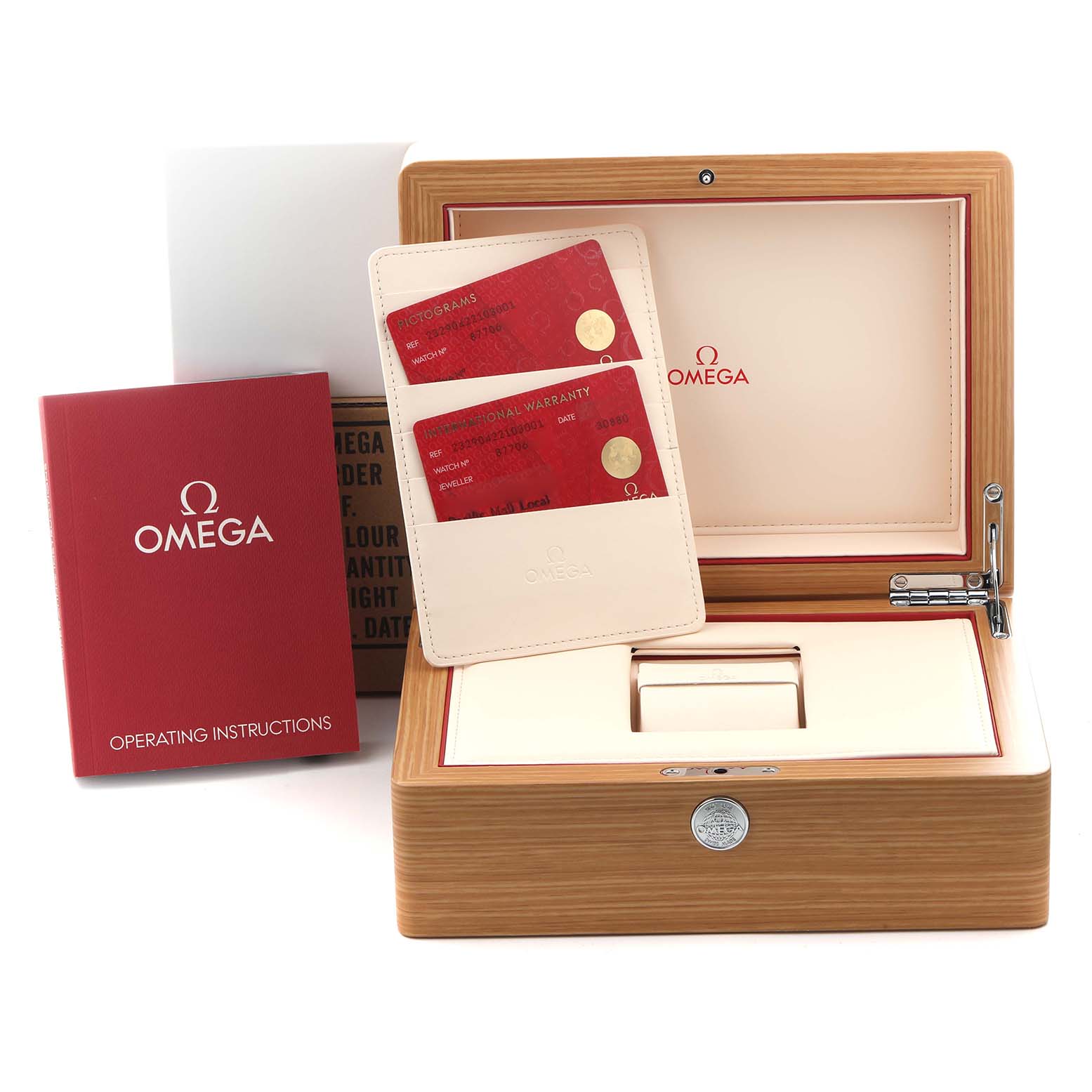 The image shows an Omega Planet Ocean 232.90.42.21.03.001 Men
s Titanium Blue Dial 232.90.42.21.03.001 Men
s Titanium Blue Dial watch box, instruction manual, and warranty cards.