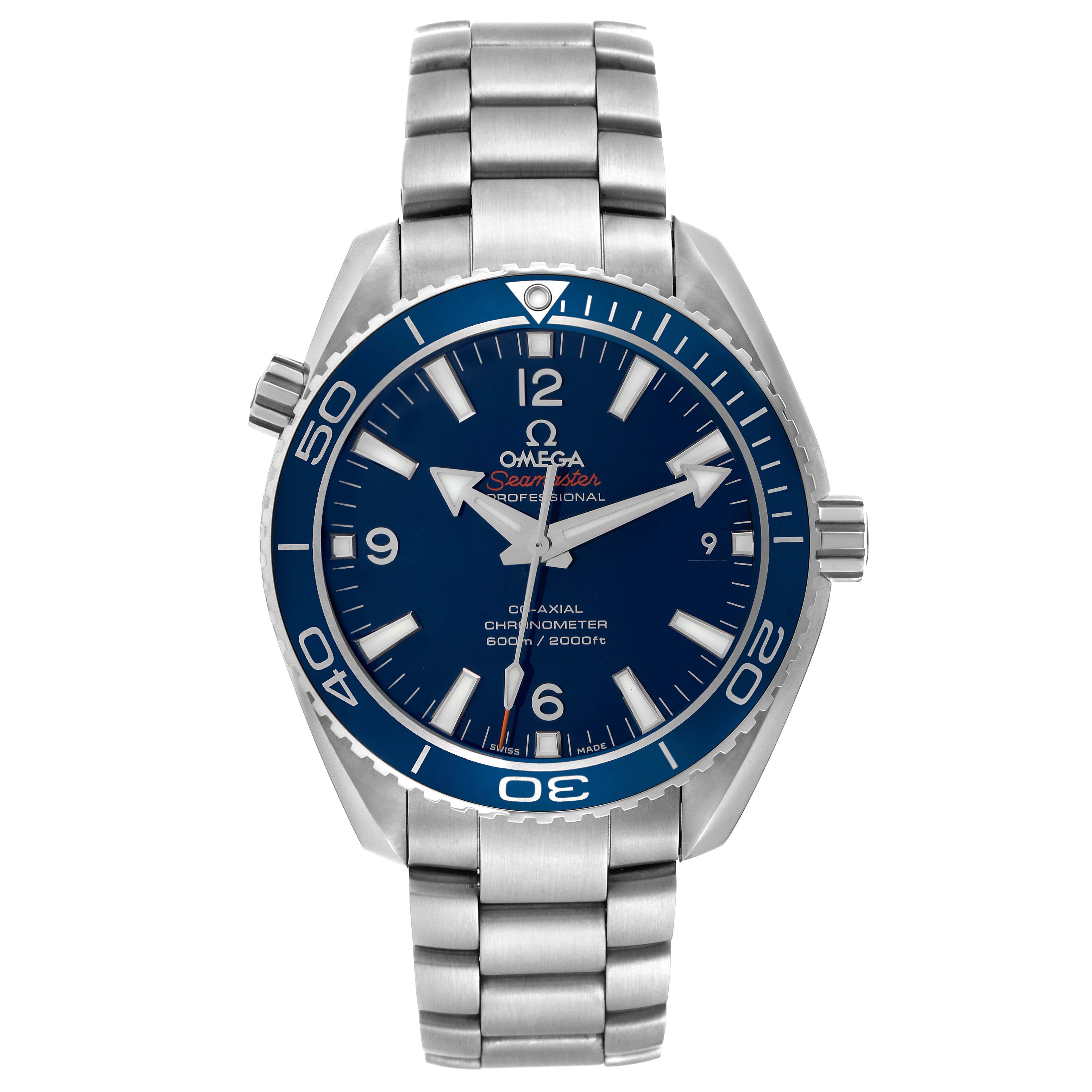 The Omega Planet Ocean 232.90.42.21.03.001 Men
s Titanium Blue Dial 232.90.42.21.03.001 Men
s Titanium Blue Dial watch is shown from a front angle, displaying its face, bezel, and stainless steel bracelet.