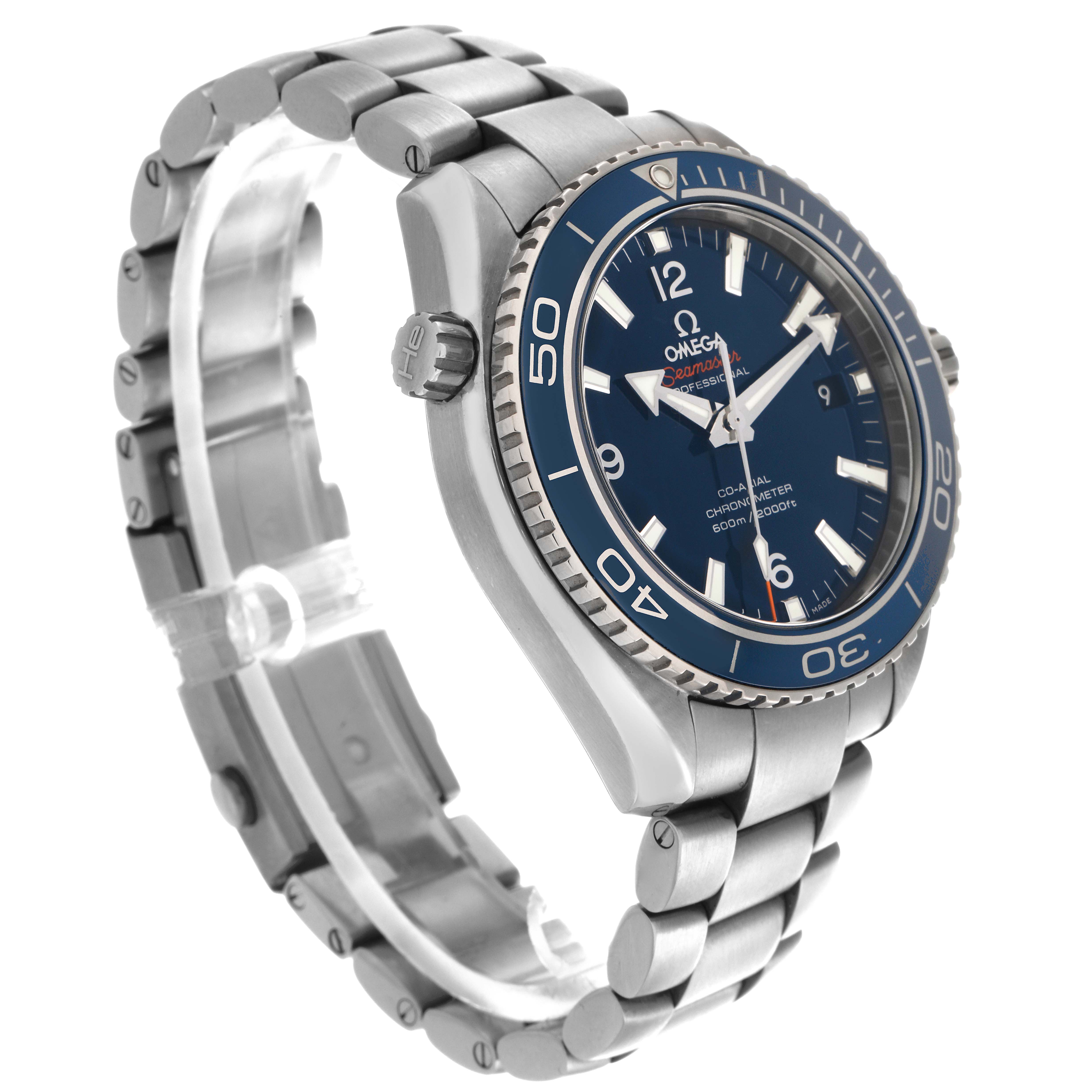 The image shows an Omega Planet Ocean 232.90.42.21.03.001 Men
s Titanium Blue Dial 232.90.42.21.03.001 Men
s Titanium Blue Dial watch at a three-quarter angle, highlighting the blue dial, bezel, crown, and metal bracelet.