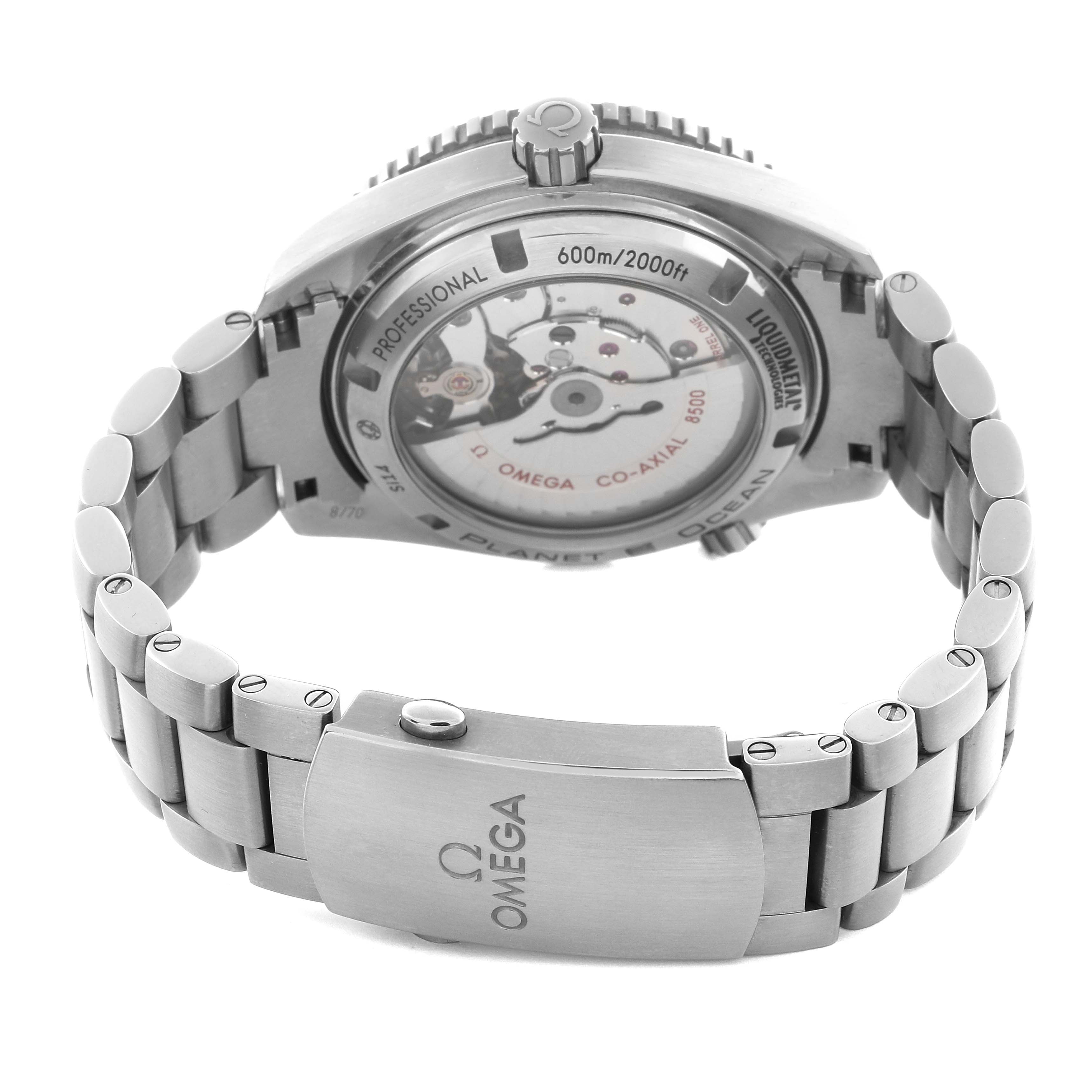 The image shows the back view of the Omega Planet Ocean 232.90.42.21.03.001 Men
s Titanium Blue Dial 232.90.42.21.03.001 Men
s Titanium Blue Dial watch, highlighting the movement and stainless steel bracelet.