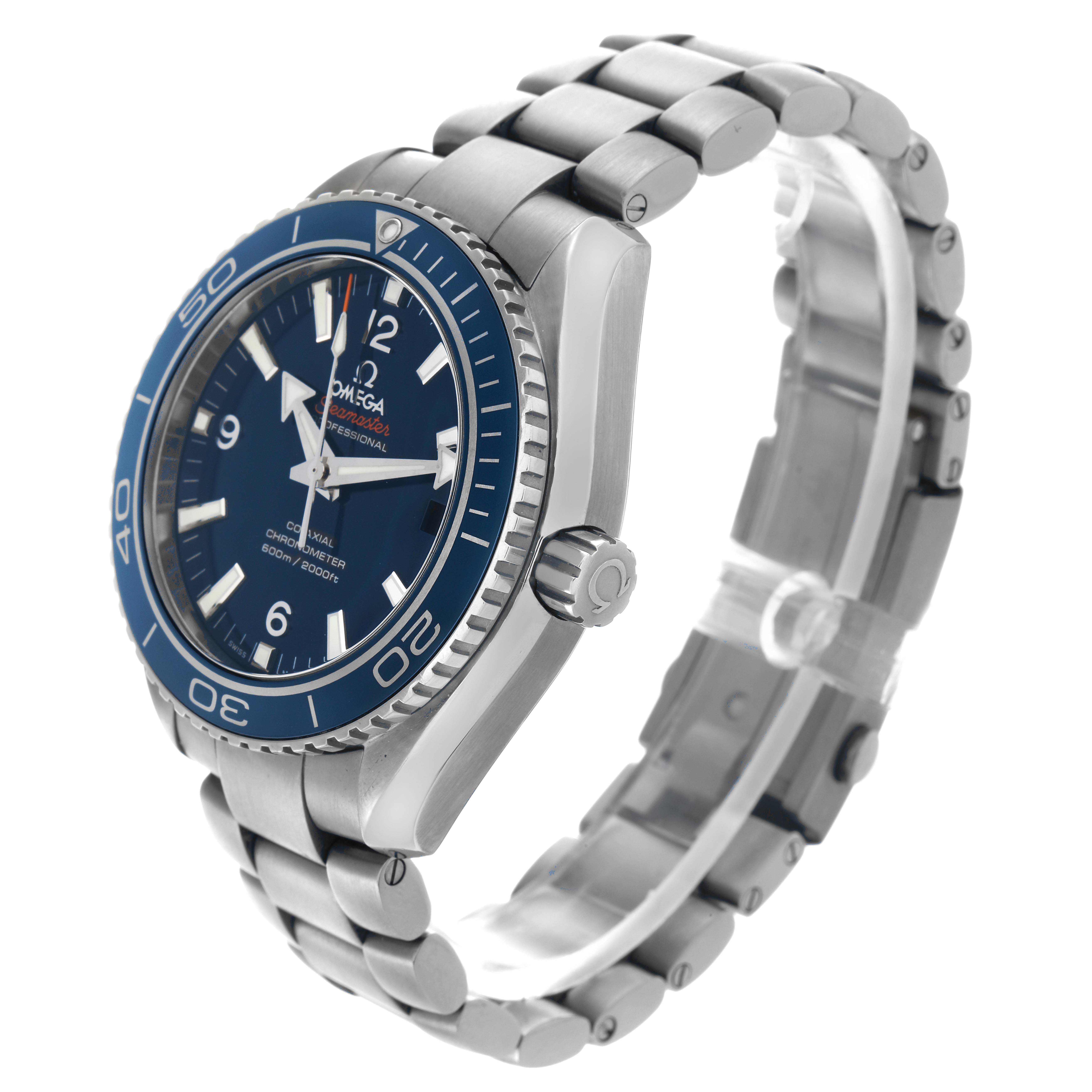 The Omega Planet Ocean 232.90.42.21.03.001 Men
s Titanium Blue Dial 232.90.42.21.03.001 Men
s Titanium Blue Dial watch is shown from a three-quarter angle, highlighting the bezel, crown, dial, and bracelet.