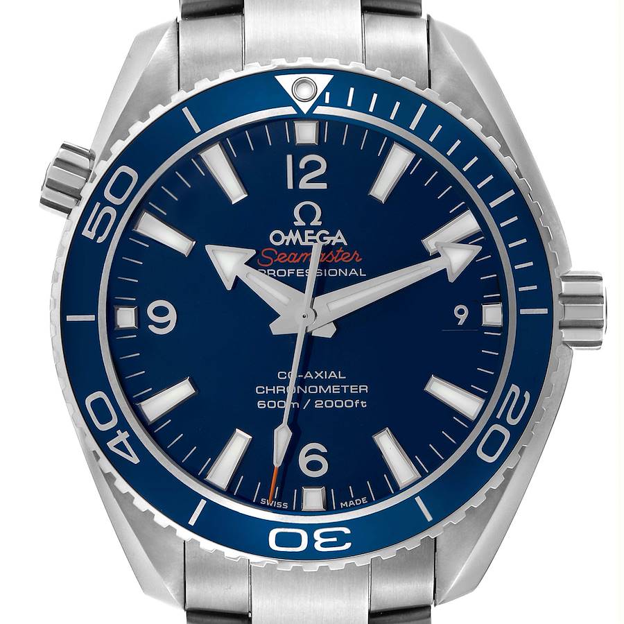 The Omega Planet Ocean watch is shown from the front, displaying the dial, bezel, crown, and part of the bracelet.