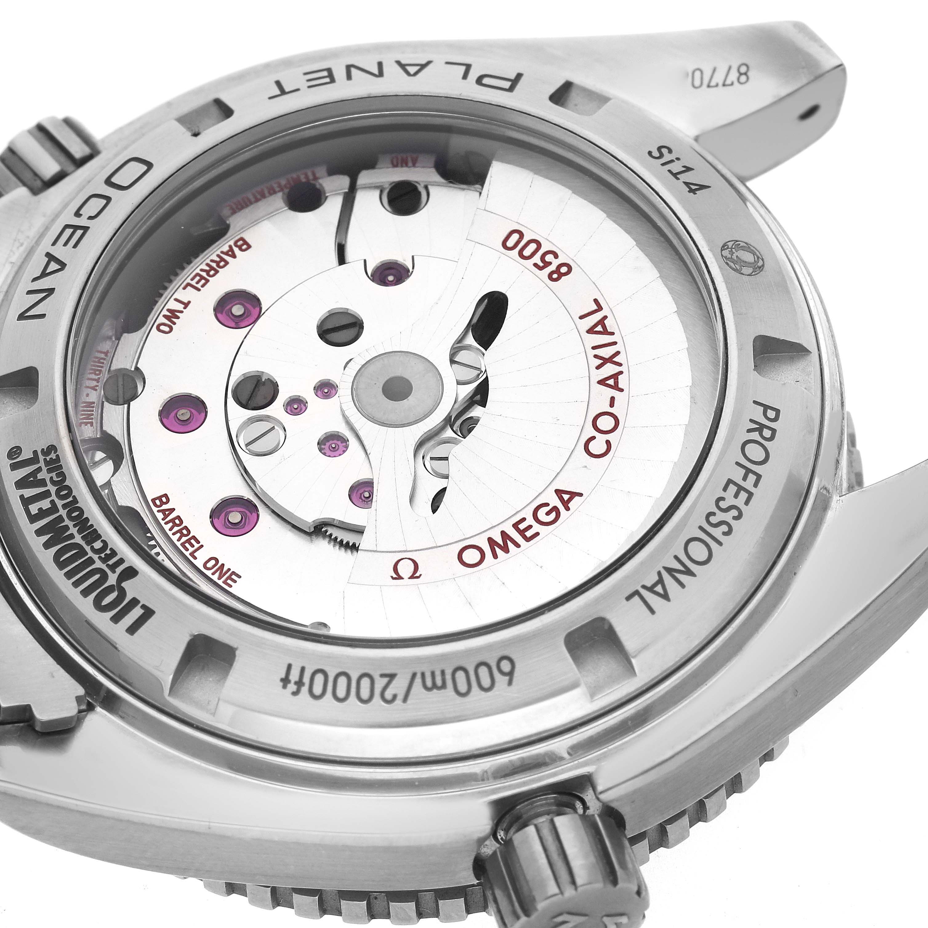 The image shows the back of the Omega Planet Ocean 232.90.42.21.03.001 Men
s Titanium Blue Dial 232.90.42.21.03.001 Men
s Titanium Blue Dial watch, highlighting its Co-Axial movement mechanism.