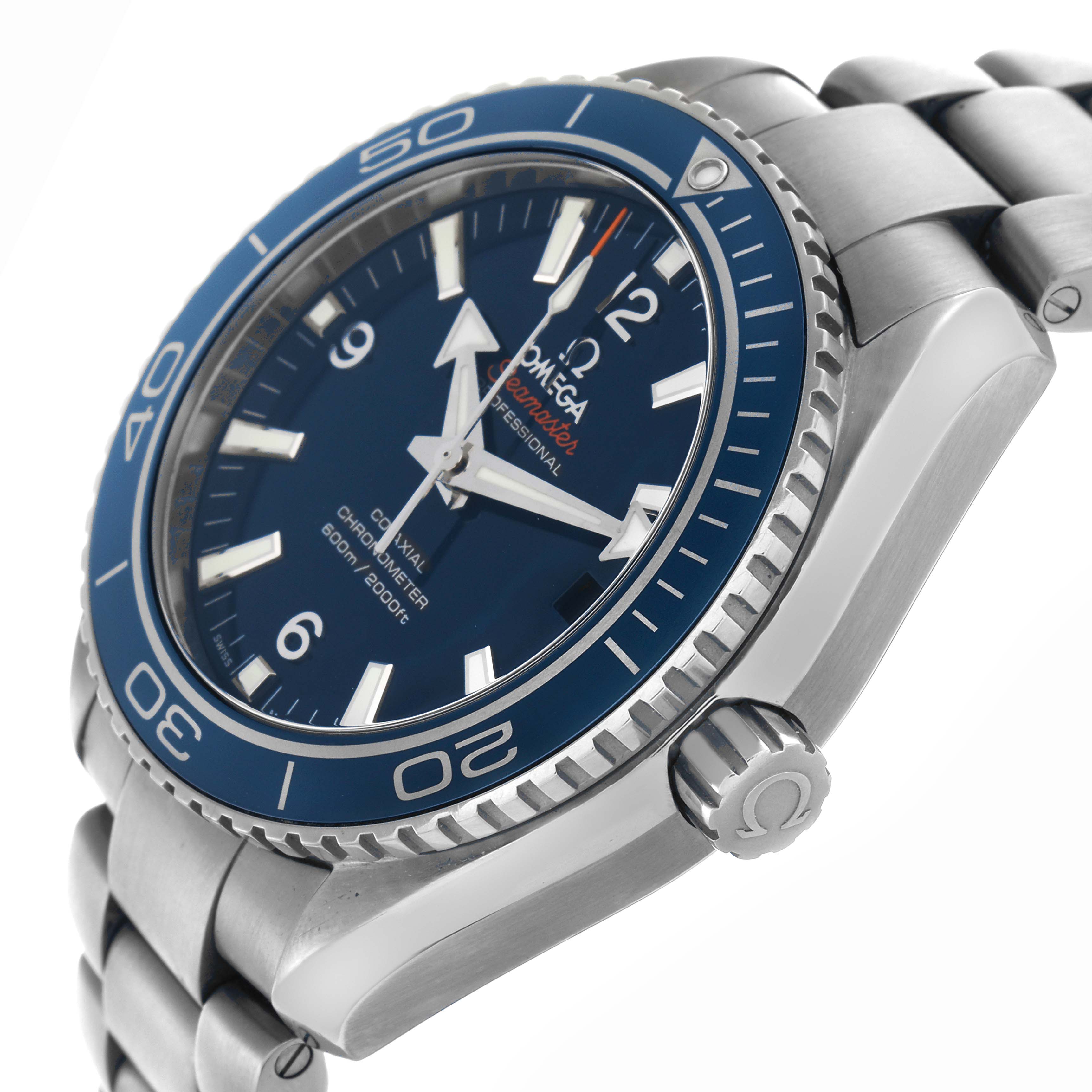 The Omega Planet Ocean 232.90.42.21.03.001 Men
s Titanium Blue Dial 232.90.42.21.03.001 Men
s Titanium Blue Dial watch is shown from an elevated side angle, highlighting the bezel, dial, crown, and bracelet.