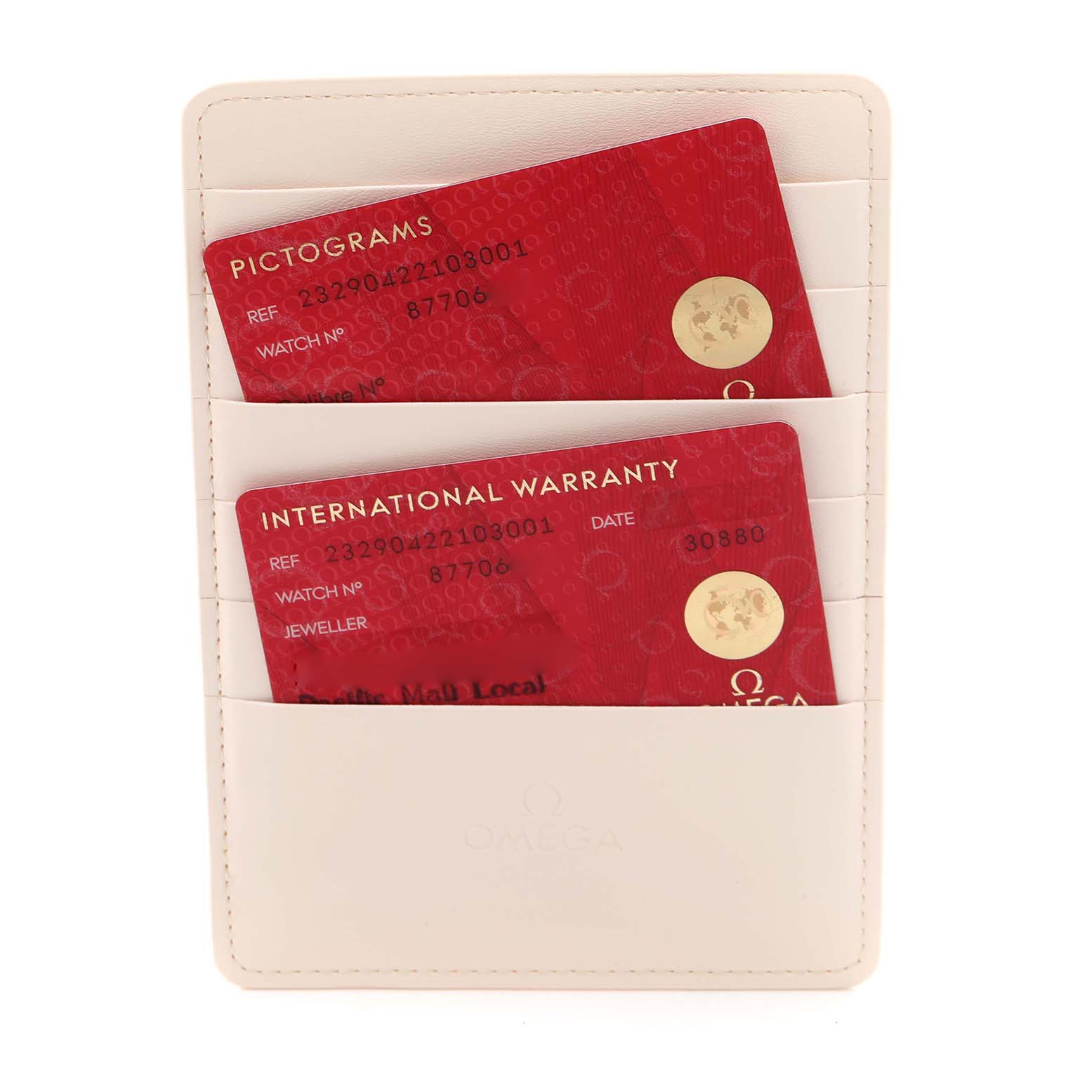 This image shows Omega Planet Ocean 232.90.42.21.03.001 Men
s Titanium Blue Dial 232.90.42.21.03.001 Men
s Titanium Blue Dial model warranty and pictogram cards in a white cardholder.