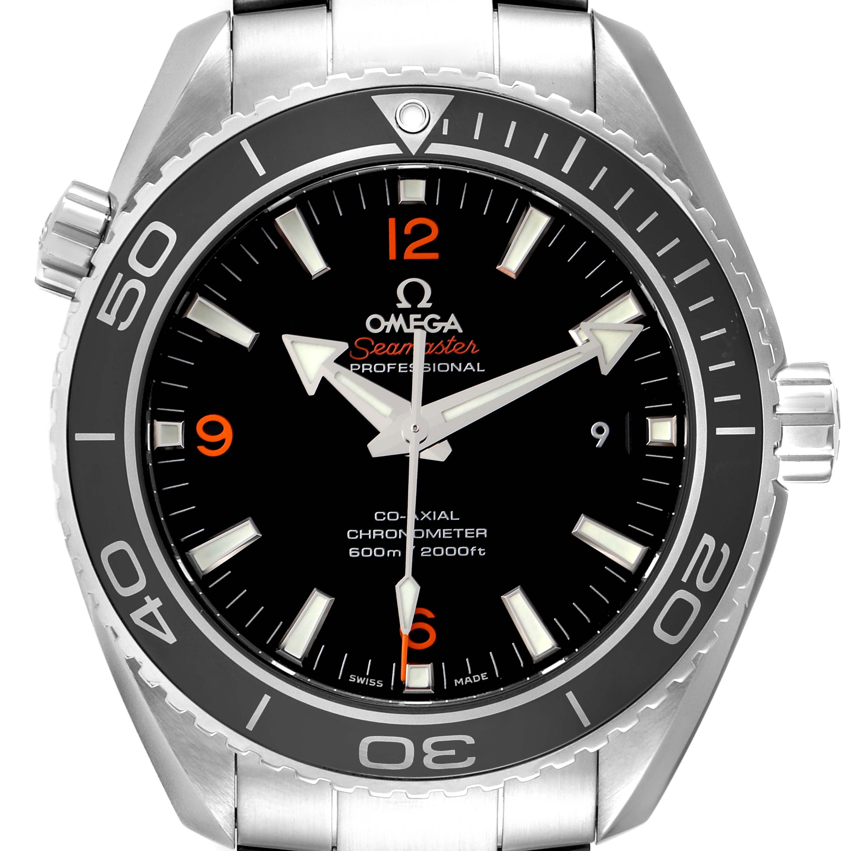 The image shows the front view of the Omega Planet Ocean 232.30.46.21.01.003 Men
s Stainless Steel Black Dial 232.30.46.21.01.003 Men
s Stainless Steel Black Dial model, highlighting the dial, bezel, hands, and crown.