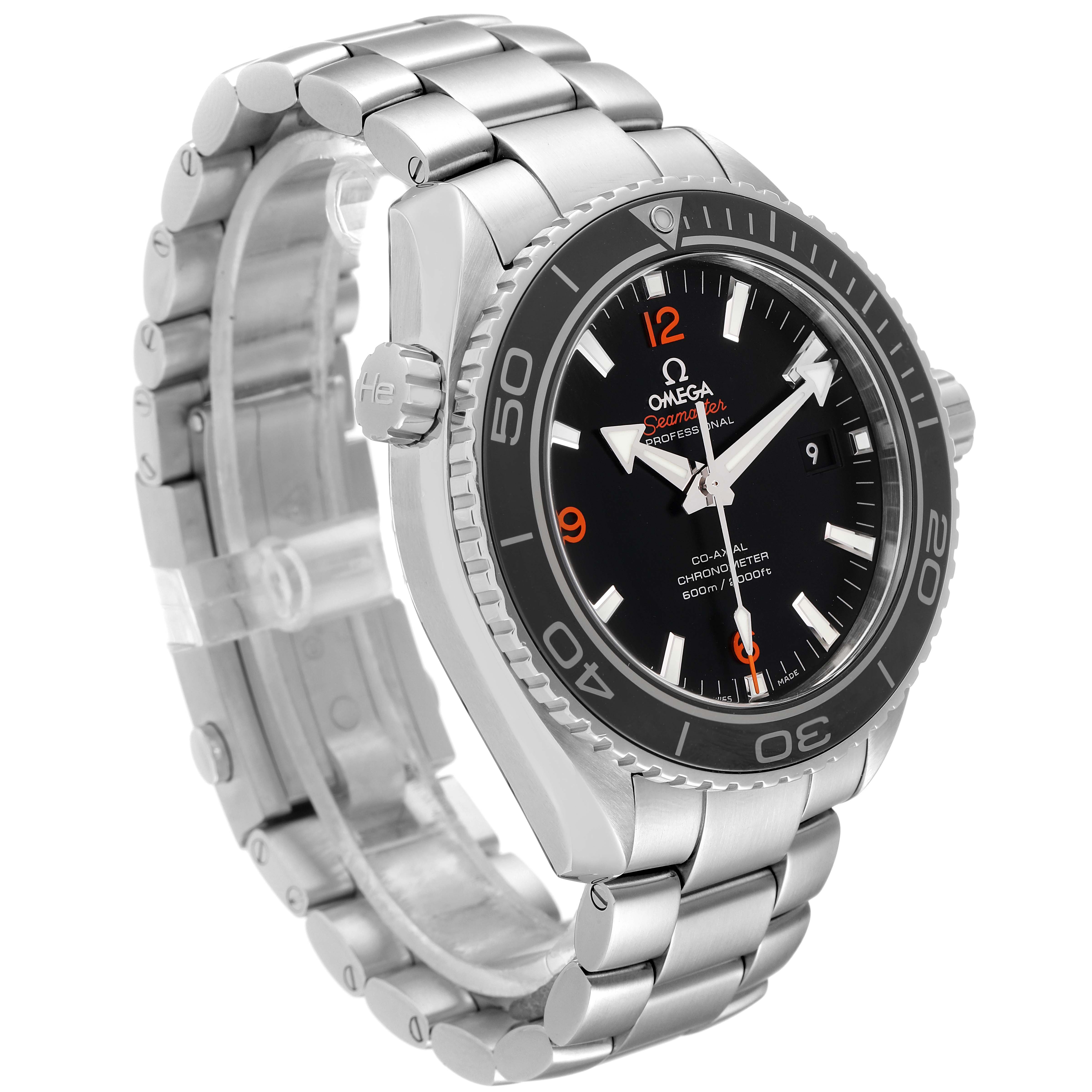 The Omega Planet Ocean 232.30.46.21.01.003 Men
s Stainless Steel Black Dial 232.30.46.21.01.003 Men
s Stainless Steel Black Dial watch is shown at an angle highlighting the bezel, dial, and stainless steel bracelet.