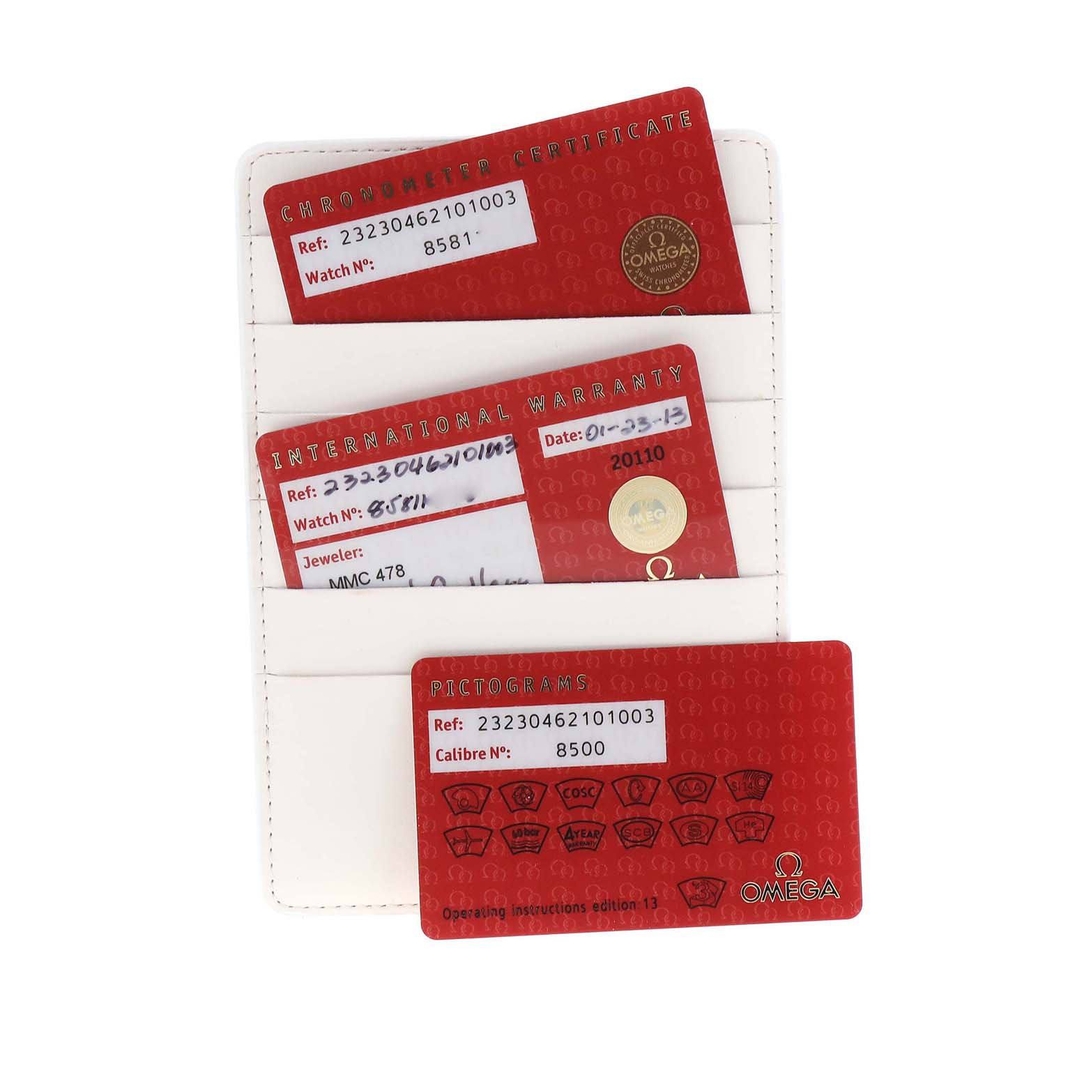 This image shows warranty and certification cards for the Omega Planet Ocean 232.30.46.21.01.003 Men
s Stainless Steel Black Dial 232.30.46.21.01.003 Men
s Stainless Steel Black Dial watch, displayed inside a white holder.